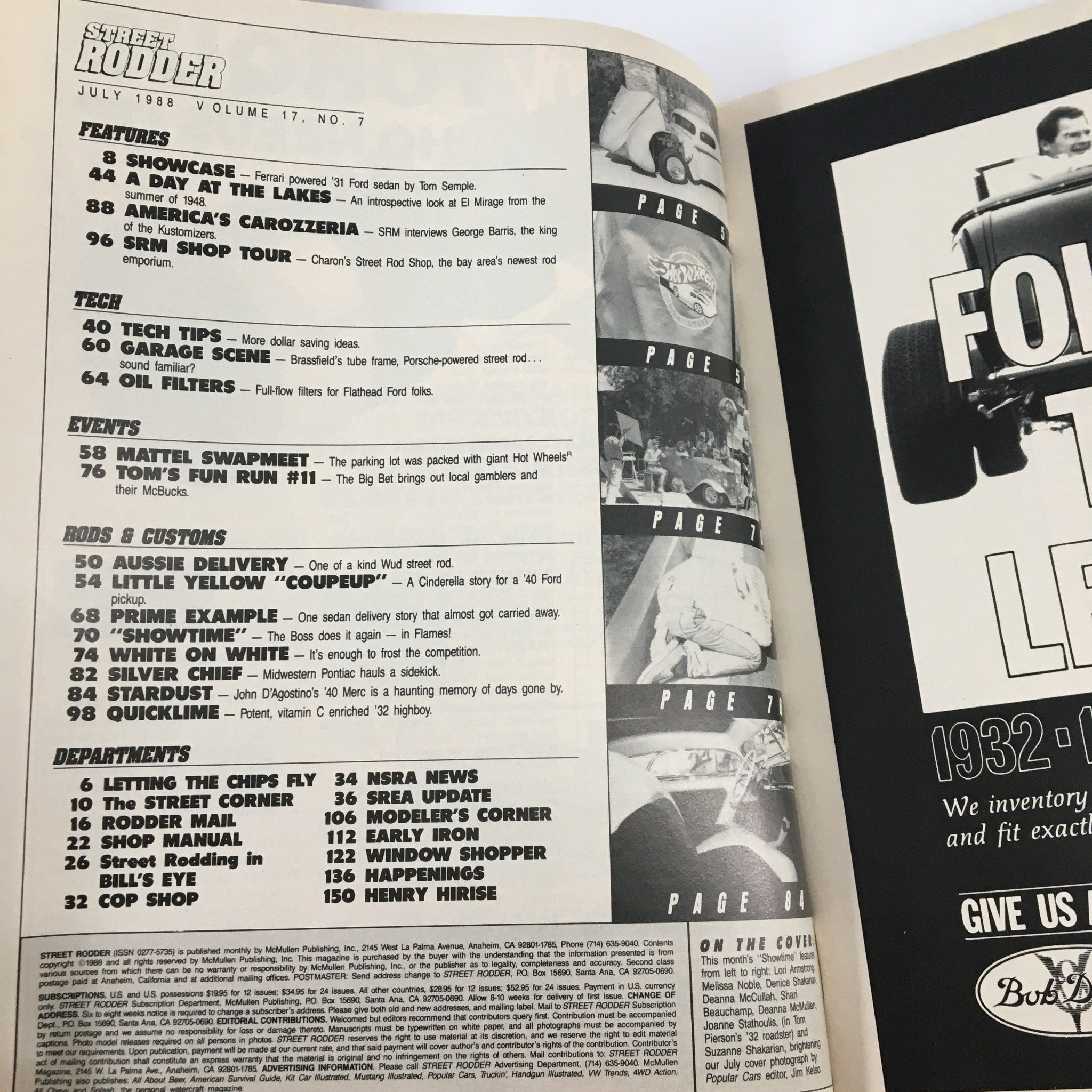 Inside page of VTG Street Rodder Magazine July 1988 displaying features and contents, including segments on the Little Yellow Coupe.