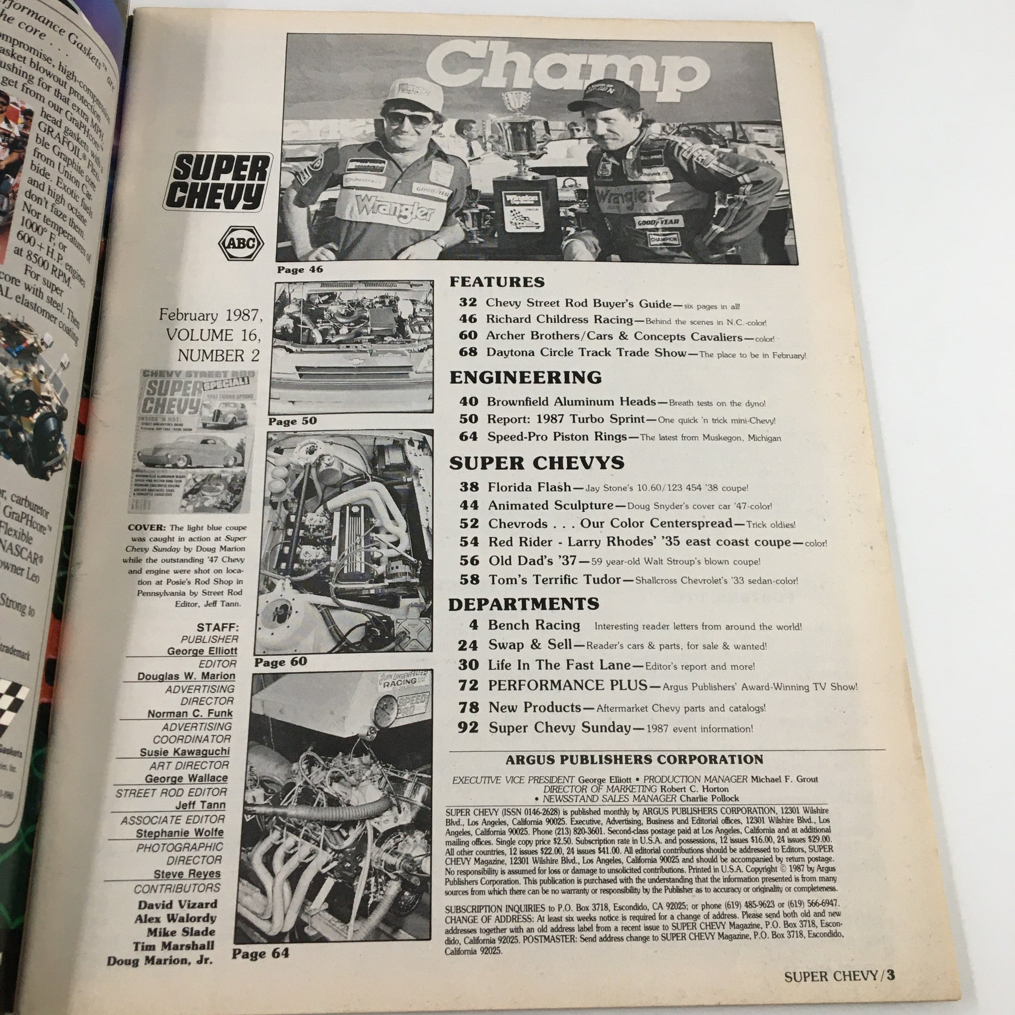 Interior view of the February 1987 issue of Super Chevy Magazine featuring the table of contents and articles including Larry Rhodes' 35 East Coast Coupe, showcasing automotive engineering, features, and Super Chevys.