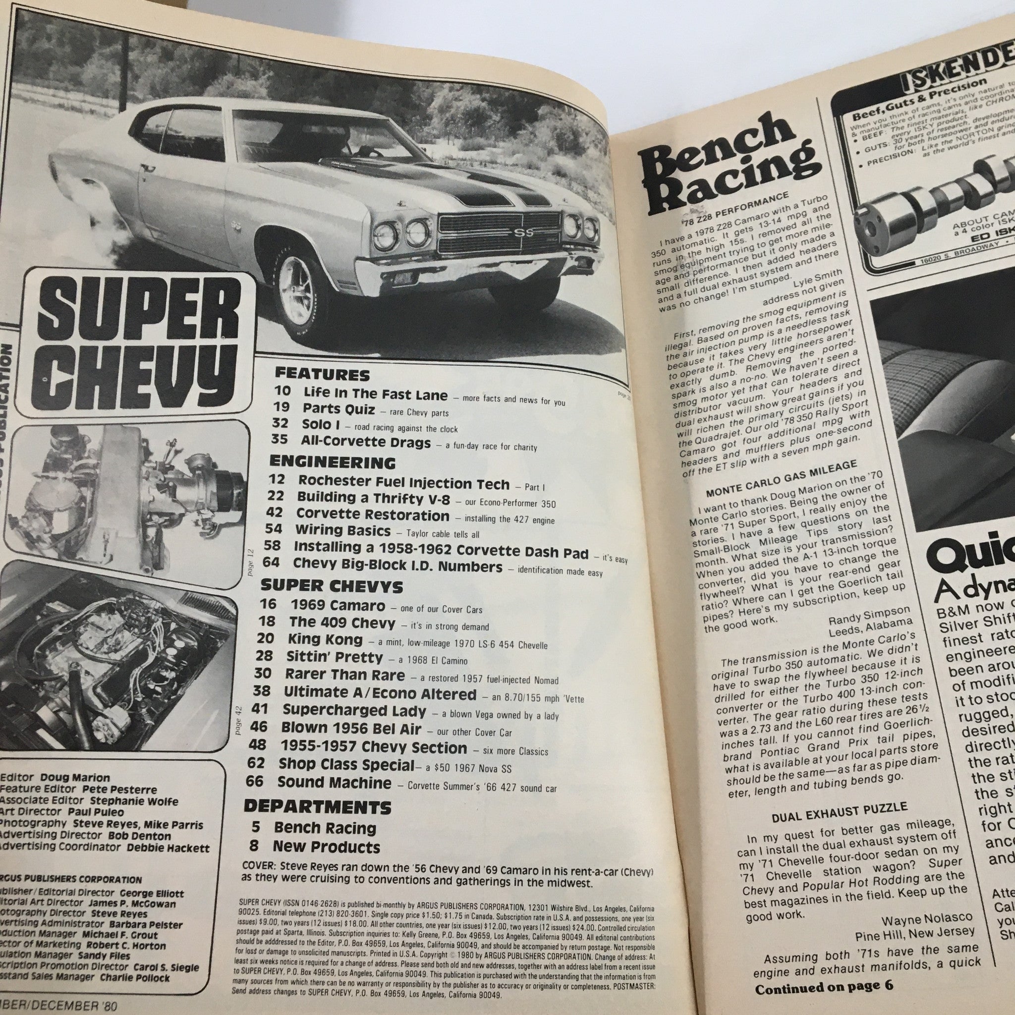Interior page of VTG Super Chevy Magazine December 1980 showcasing features and topics, including engineering insights and Super Chevys, with a focus on classic Chevrolet vehicles.