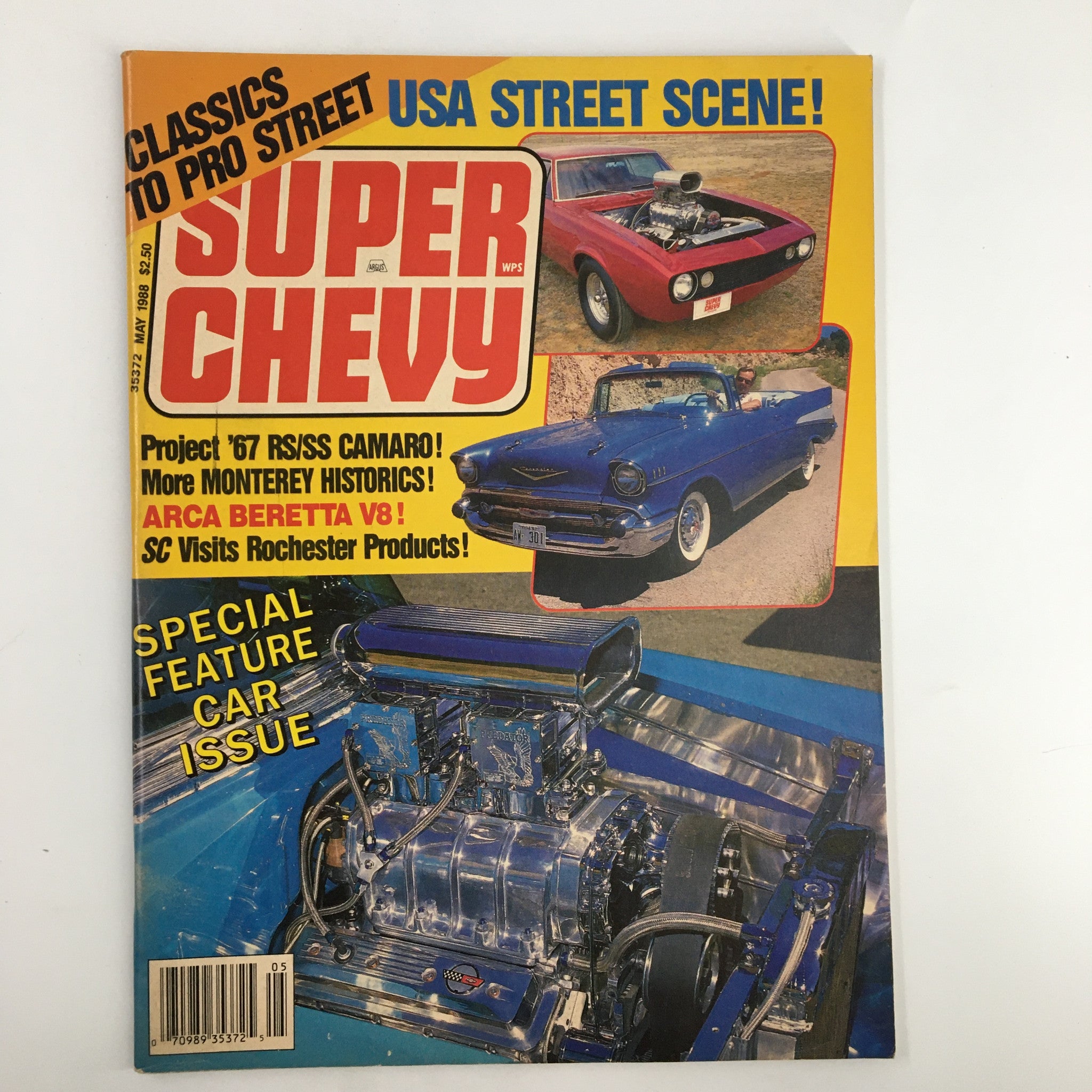 Cover of VTG Super Chevy Magazine May 1988 featuring colorful images of classic cars, project highlights including '67 RS/SS Camaro, and the feature 'SC Visits Rochester Products'.