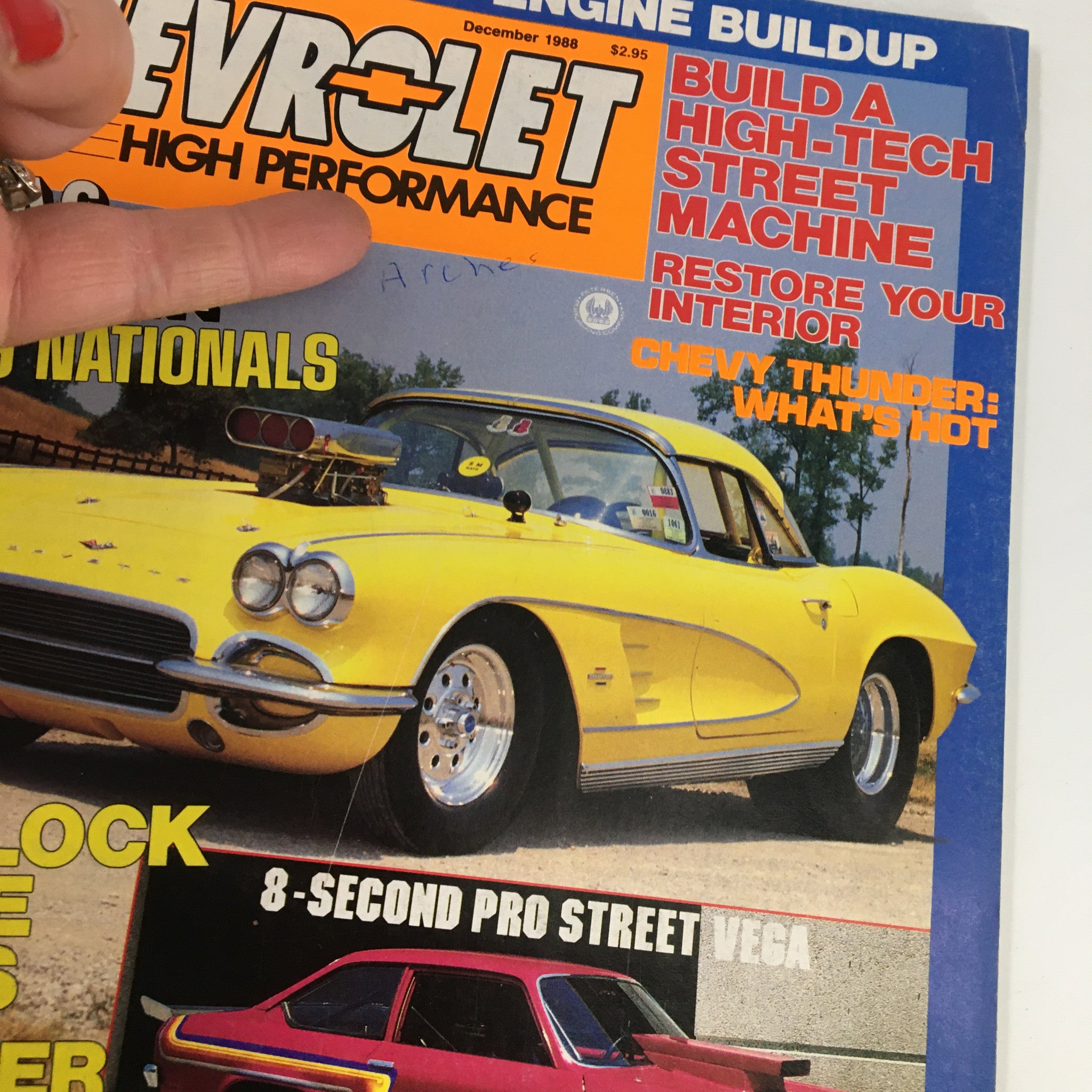Detailed view of the cover of VTG Hot Rod Magazine December 1988 with a focus on the yellow Corvette and text about high-tech street machine builds.