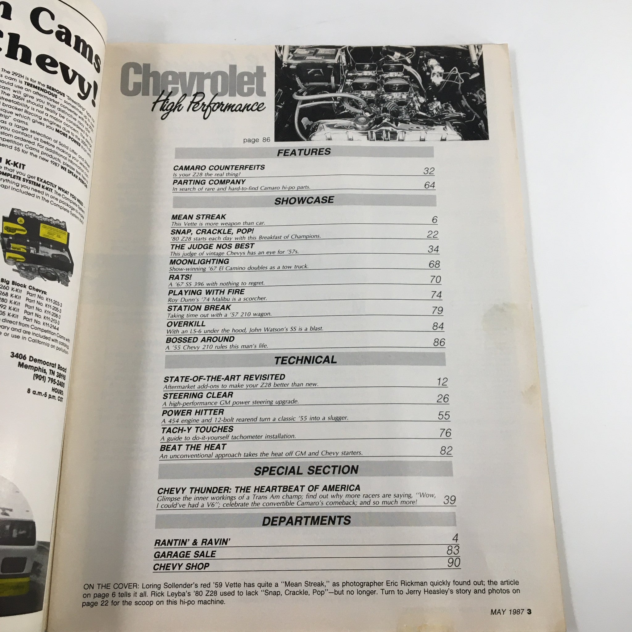 Contents page of VTG Hot Rod Magazine May 1987, highlighting features and showcases related to Chevrolet performance cars including Camaro counterfeits and a special section on Chevy Thunder.