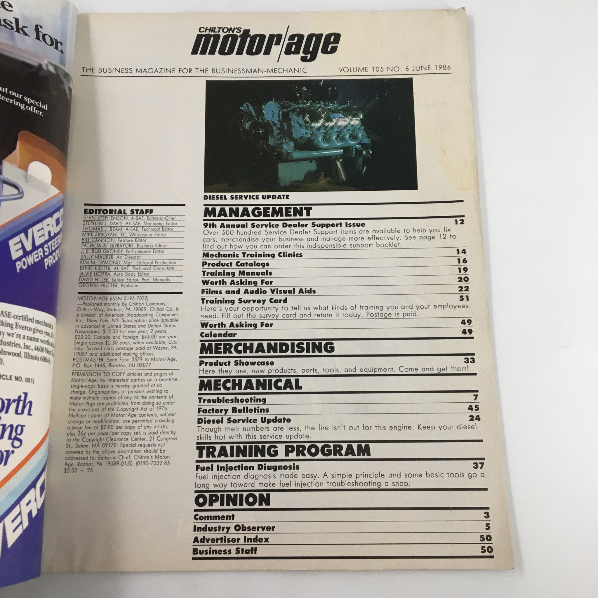 Interior page from VTG Chilton's Motor Age Magazine June 1986, showcasing the editorial staff and table of contents highlighting articles on diesel services and automotive management.
