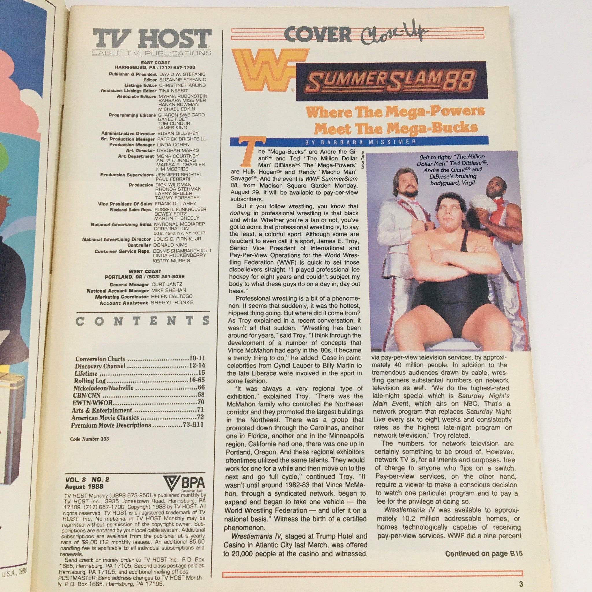 TV Host Magazine August 1988 Vol 8 #2 Hulk Hogan & Andre The Giant, No Label