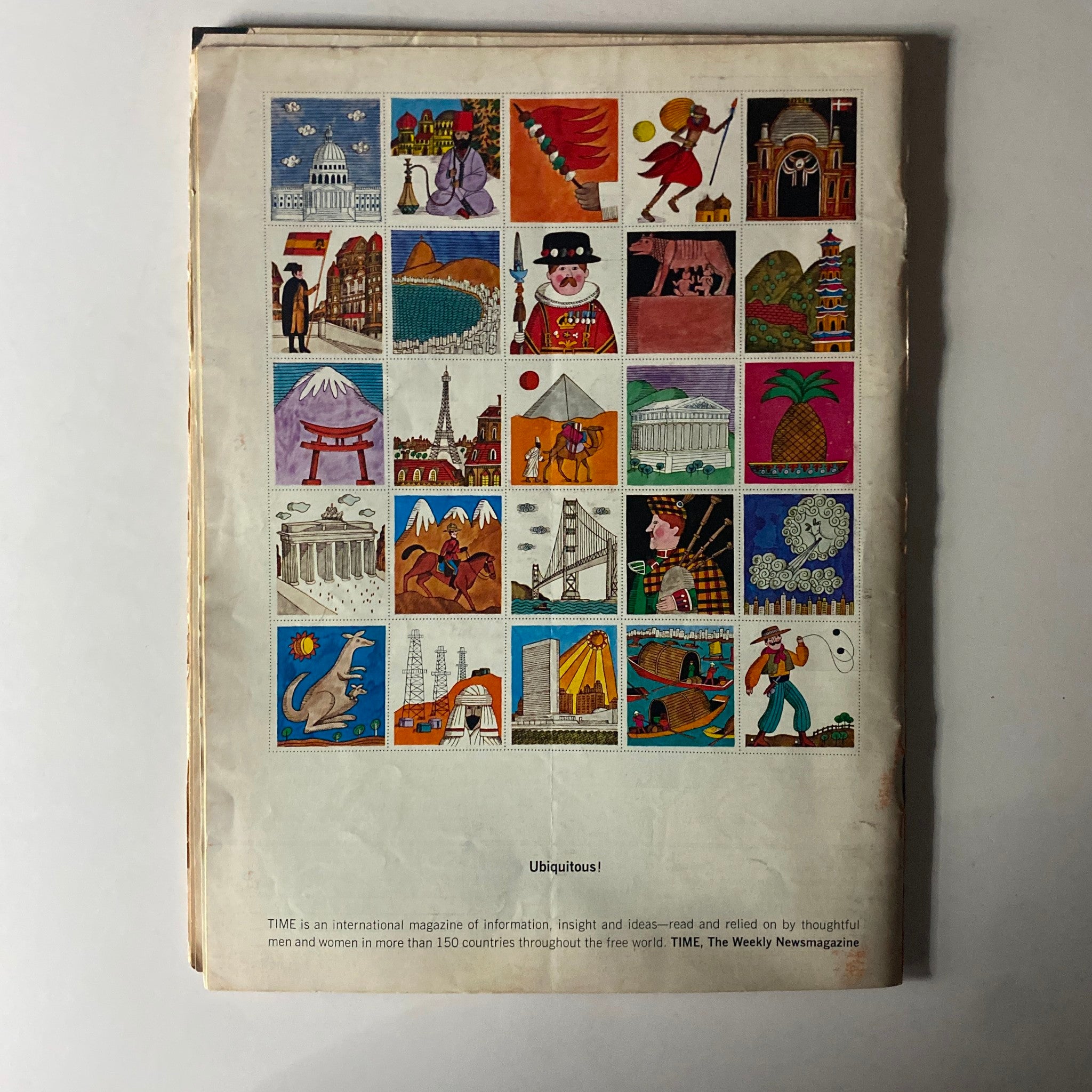 Back cover of Time Magazine, May 14, 1965, Vol 85 No. 20, displaying colorful illustrations and text related to communication.