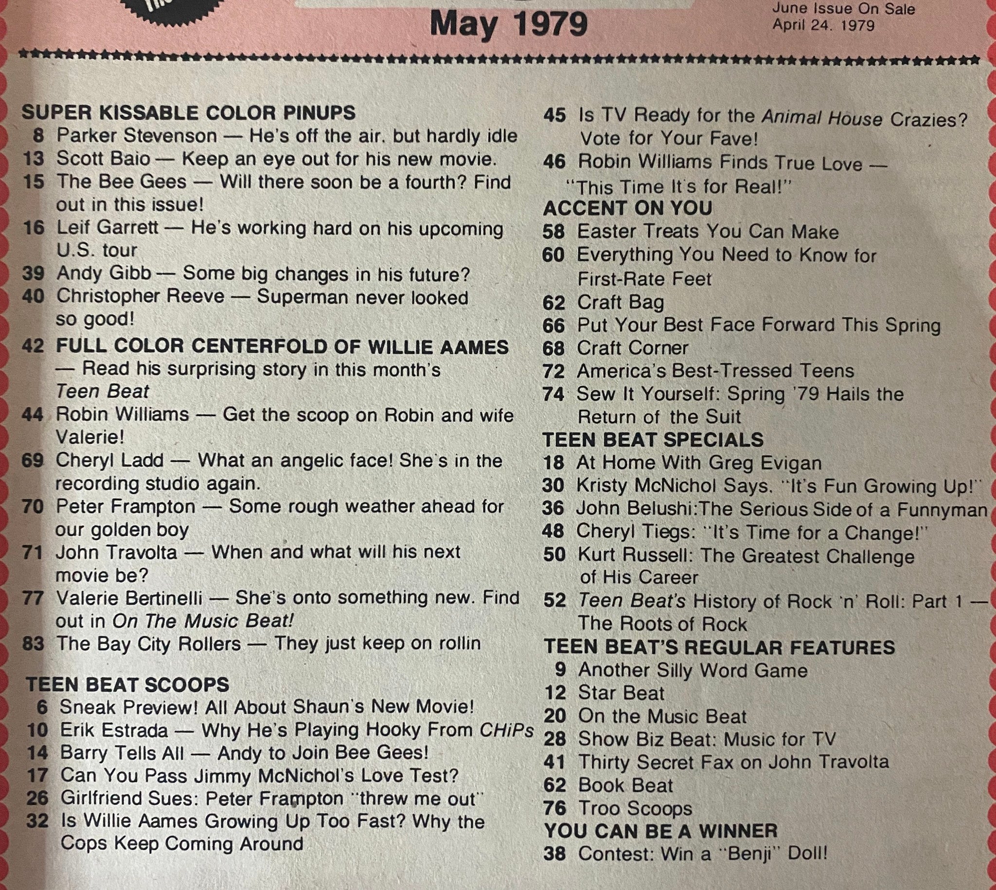 Contents page of Teen Beat Magazine May 1979, listing features on Parker Stevenson, Robin Williams, Willie Aames, and more pop culture highlights.