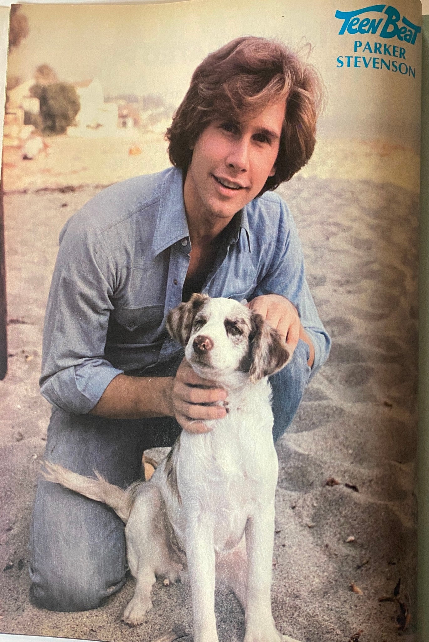 Parker Stevenson featured in Teen Beat Magazine May 1979, posing with a dog on the beach, highlighting his appeal as a teen idol.