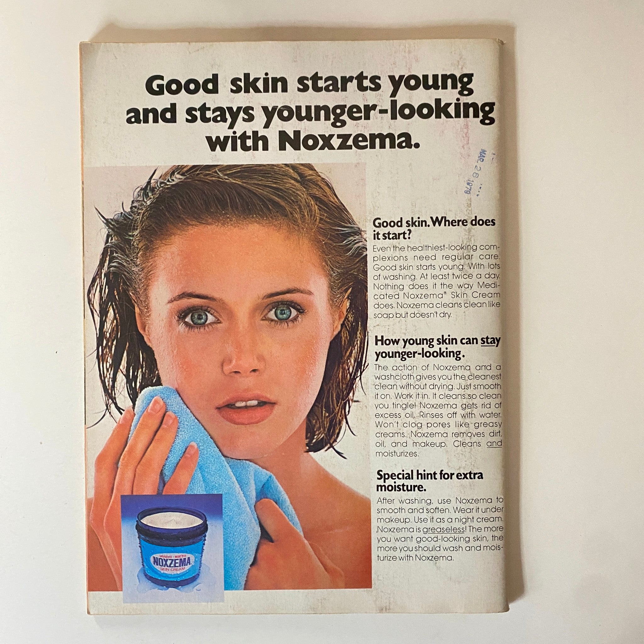 Teen Beat Magazine May 1979 featuring an advertisement for Noxzema, highlighting skincare tips. The ad shows a woman with wet hair and a towel, emphasizing how to maintain healthy, youthful-looking skin with Noxzema products.