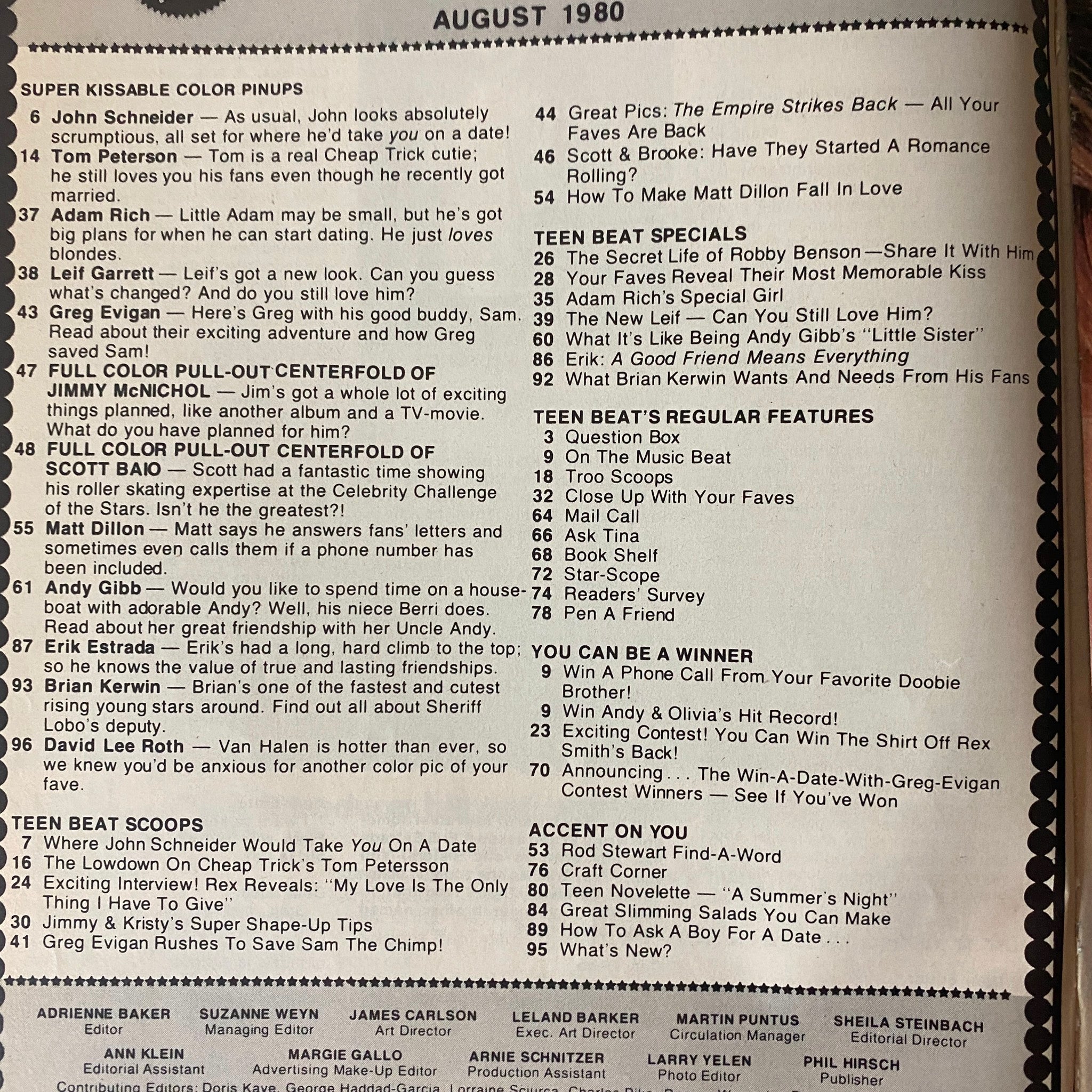 Contents page of Teen Beat Magazine August 1980, listing features including interviews and pin-ups of famous stars like John Schneider and Adam Rich.