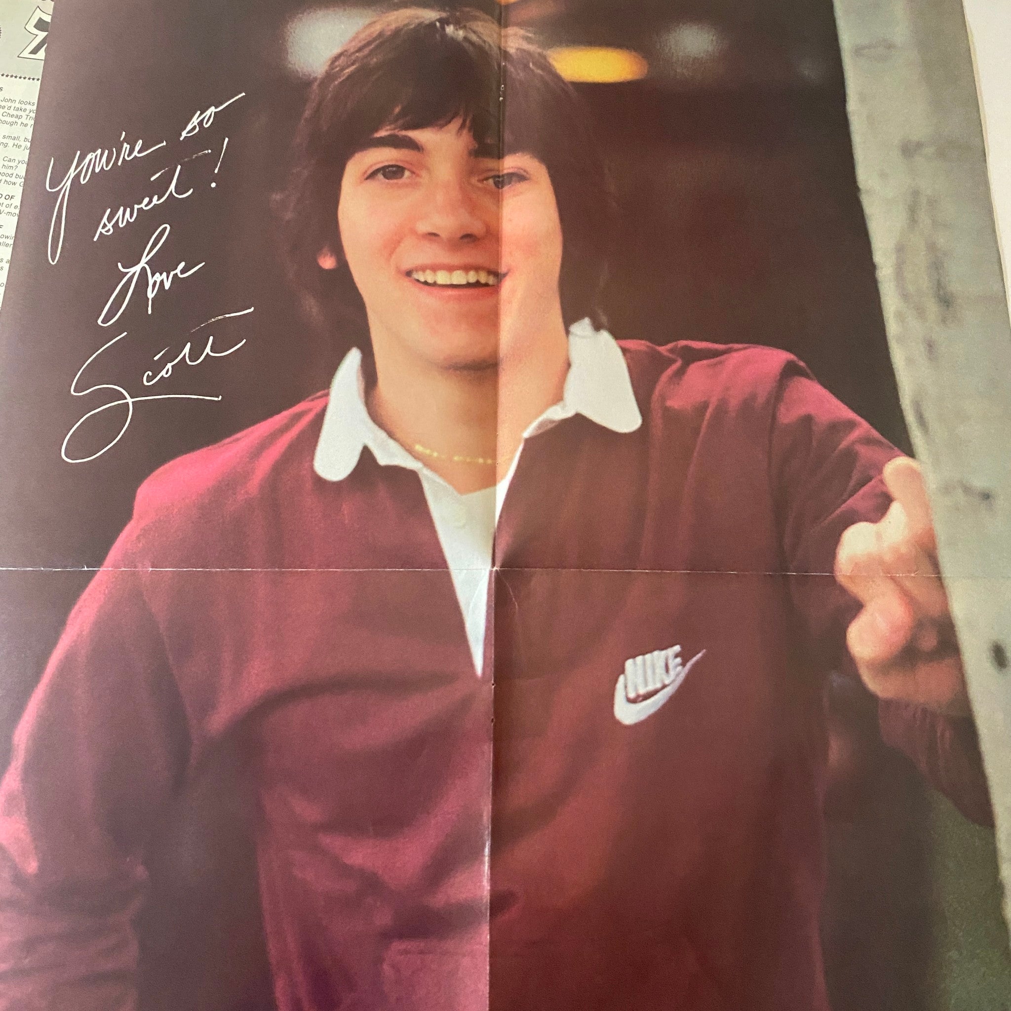 Autographed poster of Scott Baio from Teen Beat Magazine August 1980 with a handwritten message saying 'You're so sweet! Love Scott'.
