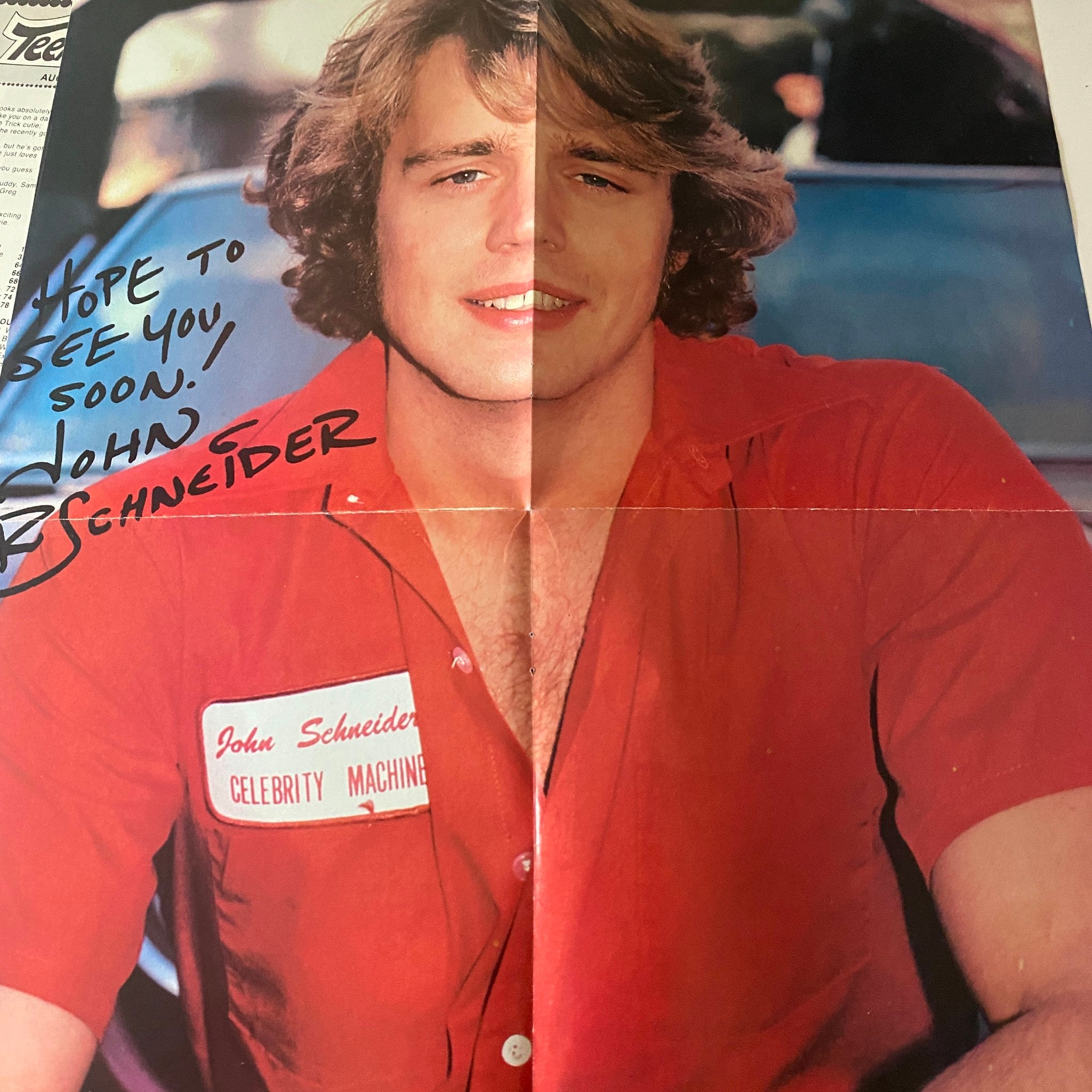 Autographed poster of John Schneider from Teen Beat Magazine August 1980 with a message 'Hope to see you soon. John Schneider'.