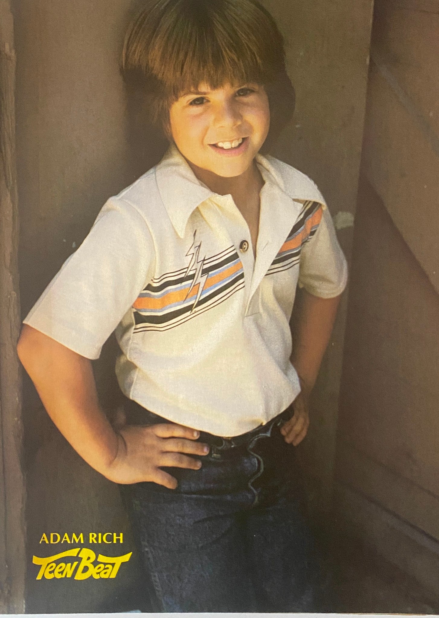 Teen Beat Magazine August 1980 featuring Adam Rich smiling in a stylish lightning striped polo shirt, showcasing '80s pop culture.