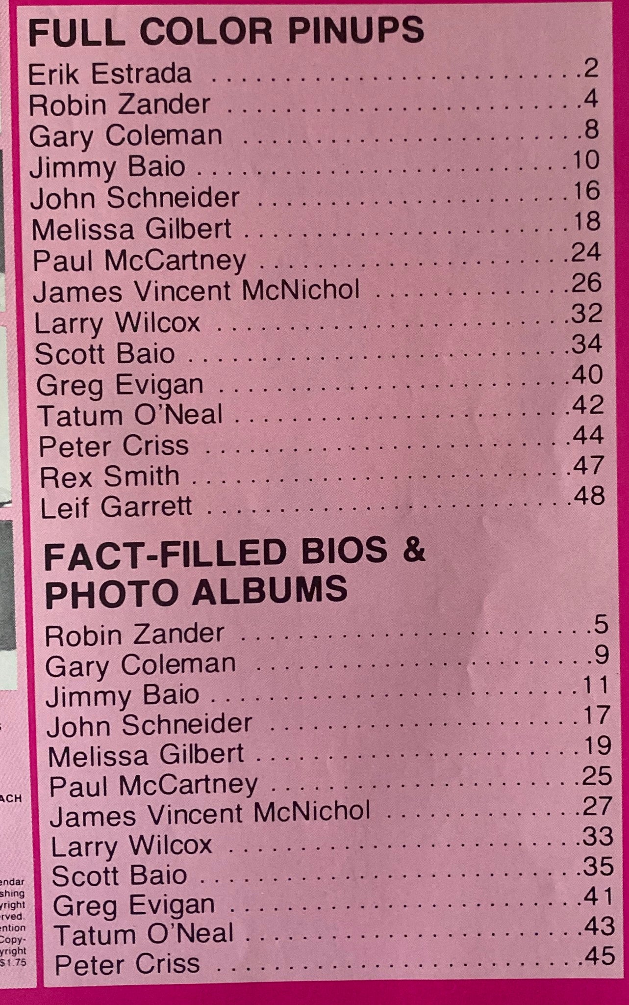 Teen Beat's Calendar Magazine 1981 inside content featuring a list of full-color pinups and fact-filled bios of popular teen idols like Gary Coleman, John Schneider, and Melissa Gilbert.