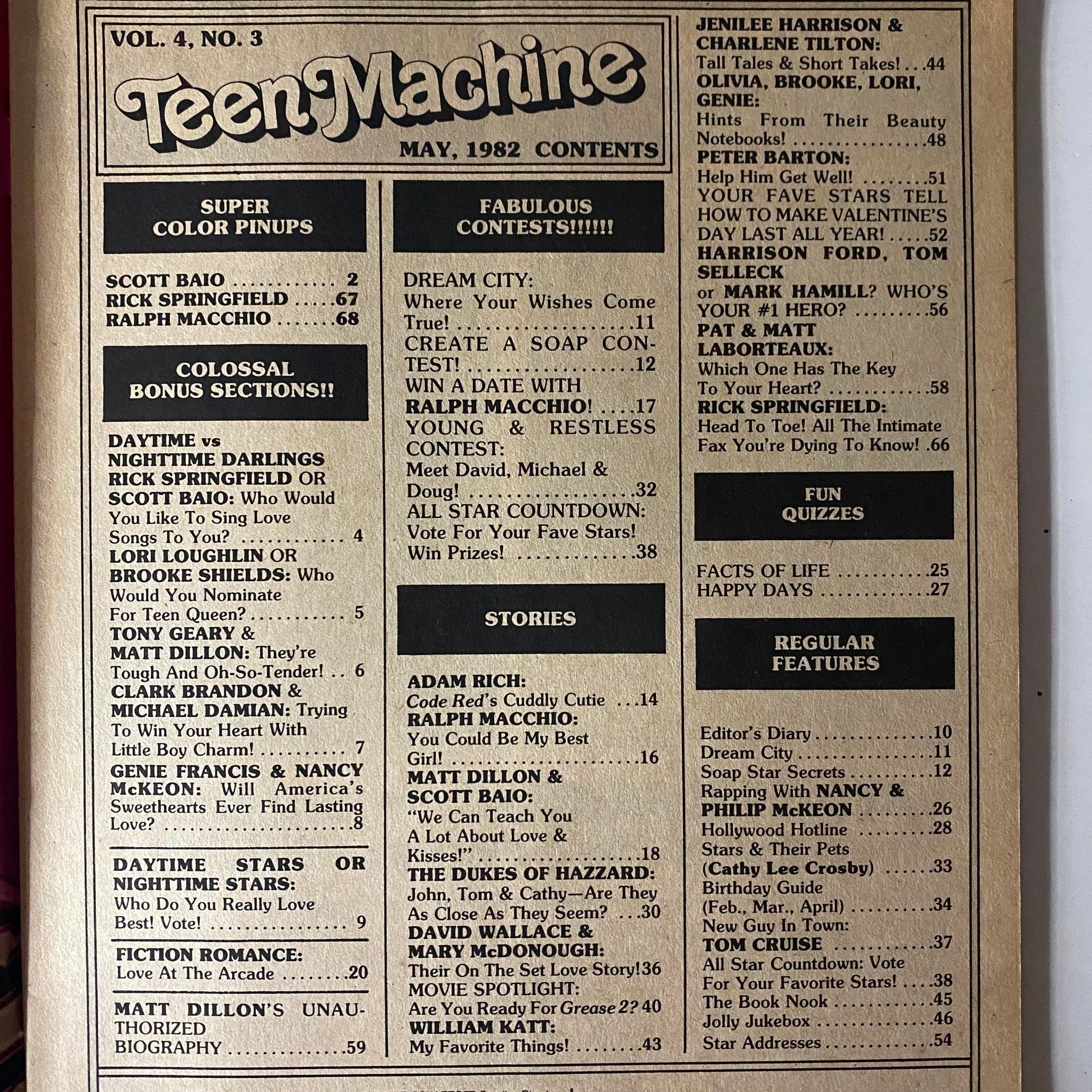 Table of contents from Teen Machine Magazine May 1982 listing features, contests, and celebrity stories including Scott Baio, Rick Springfield, and Ralph Macchio.