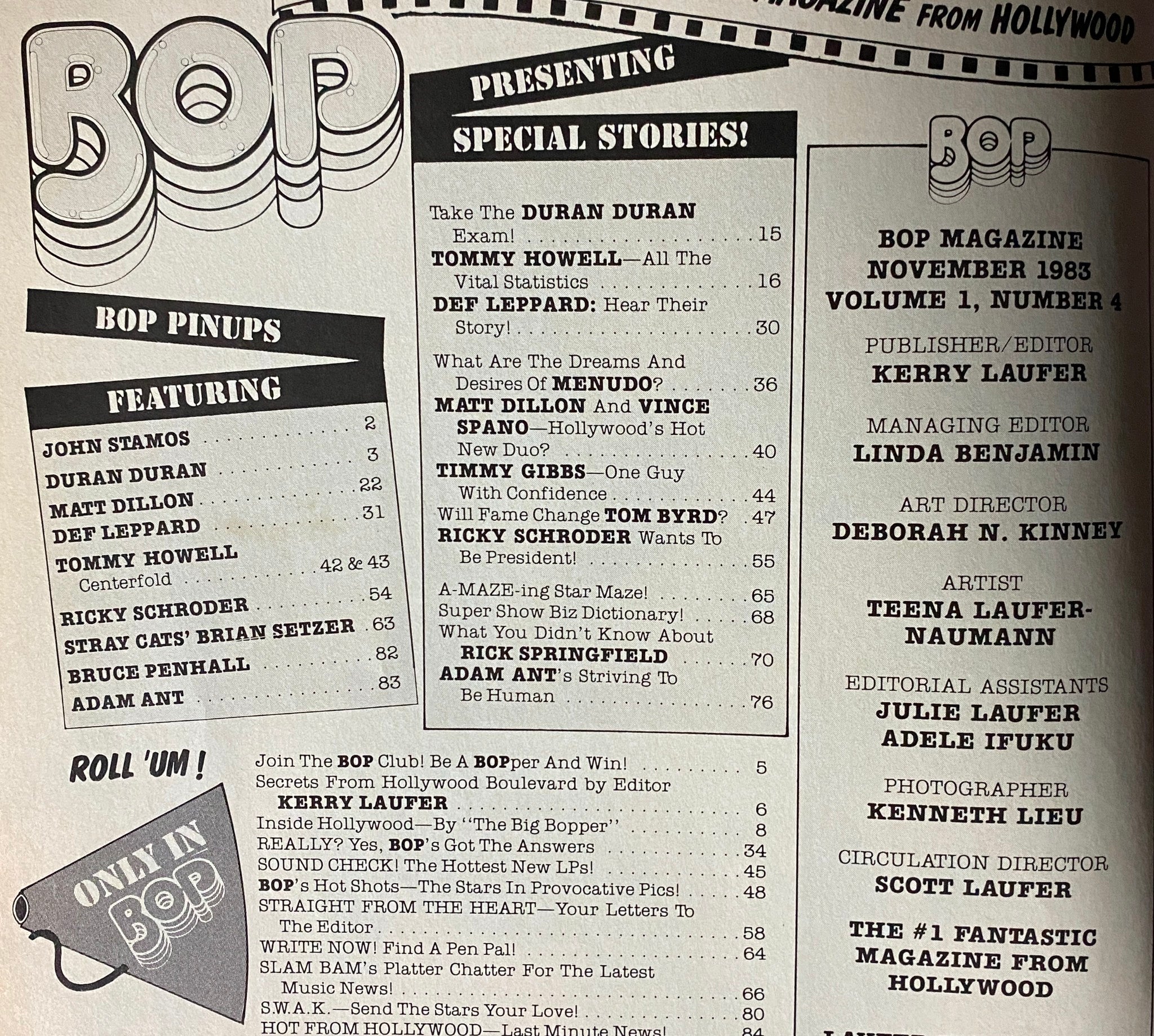 Table of contents from BOP Magazine November 1983 highlighting featured stories and pinups including Tommy Howell and John Stamos.