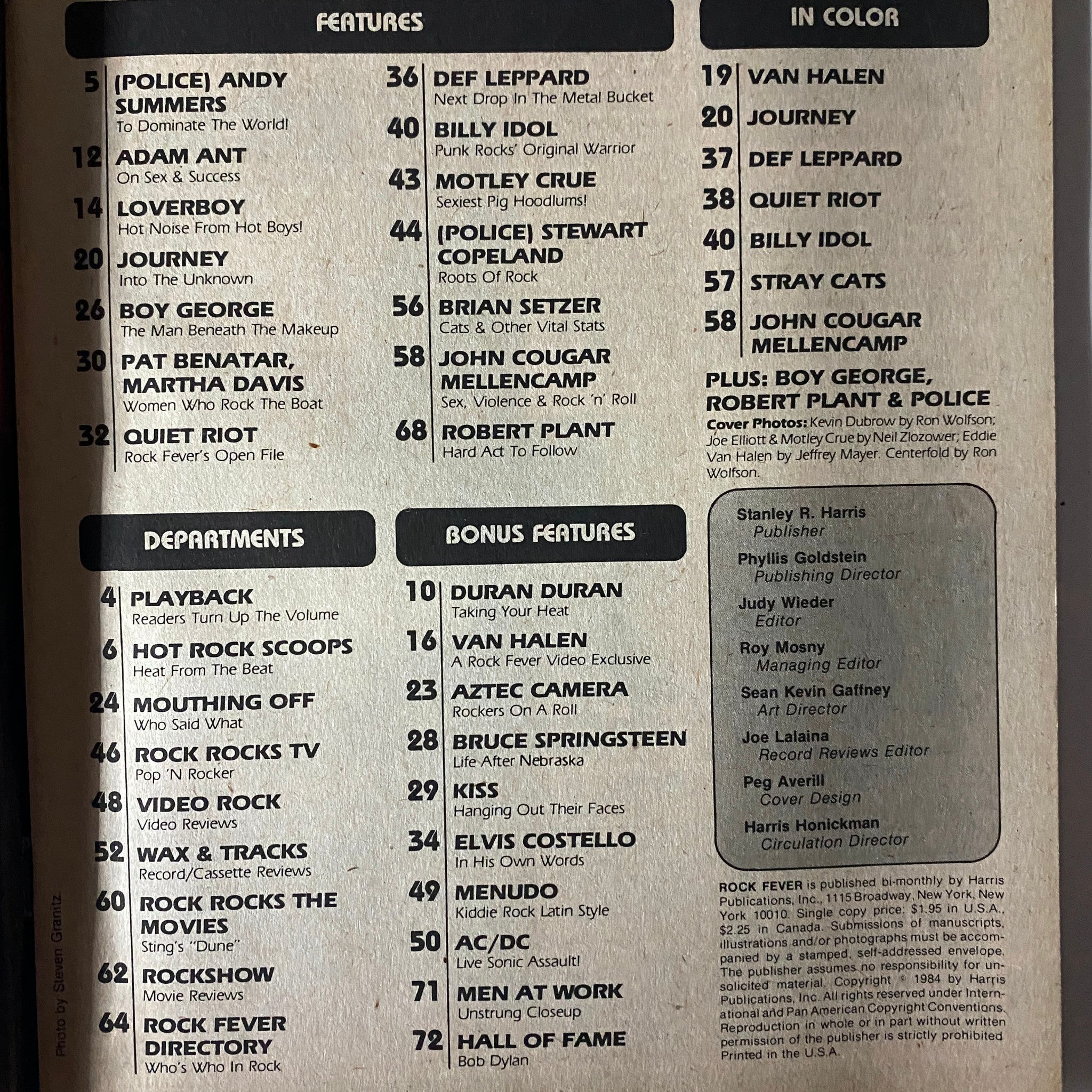Table of contents from Rock Fever Magazine May 1984 listing features on various rock artists including Billy Idol, Def Leppard, and The Police.
