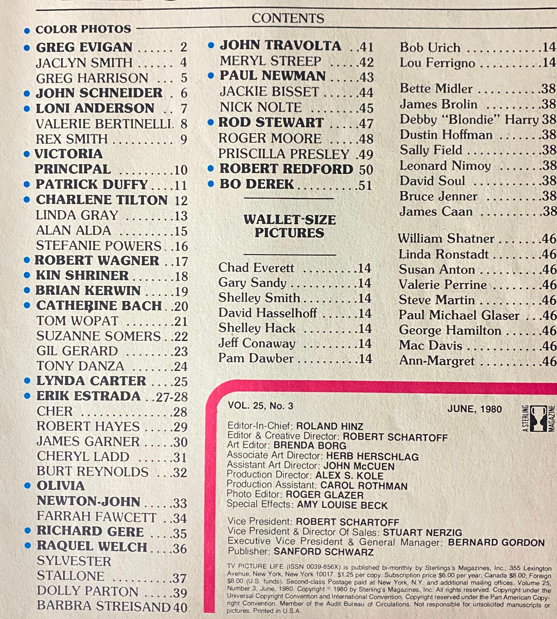 Contents page of TV Picture Life Magazine June 1980 listing featured stars like John Travolta, Meryl Streep, and Olivia Newton-John, along with wallet-sized pictures.