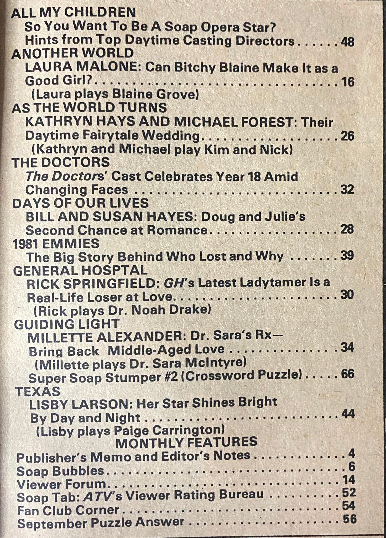 Table of contents from Afternoon TV Magazine October 1981, listing articles and features on various soap operas and stars, including Laura Malone and Rick Springfield.