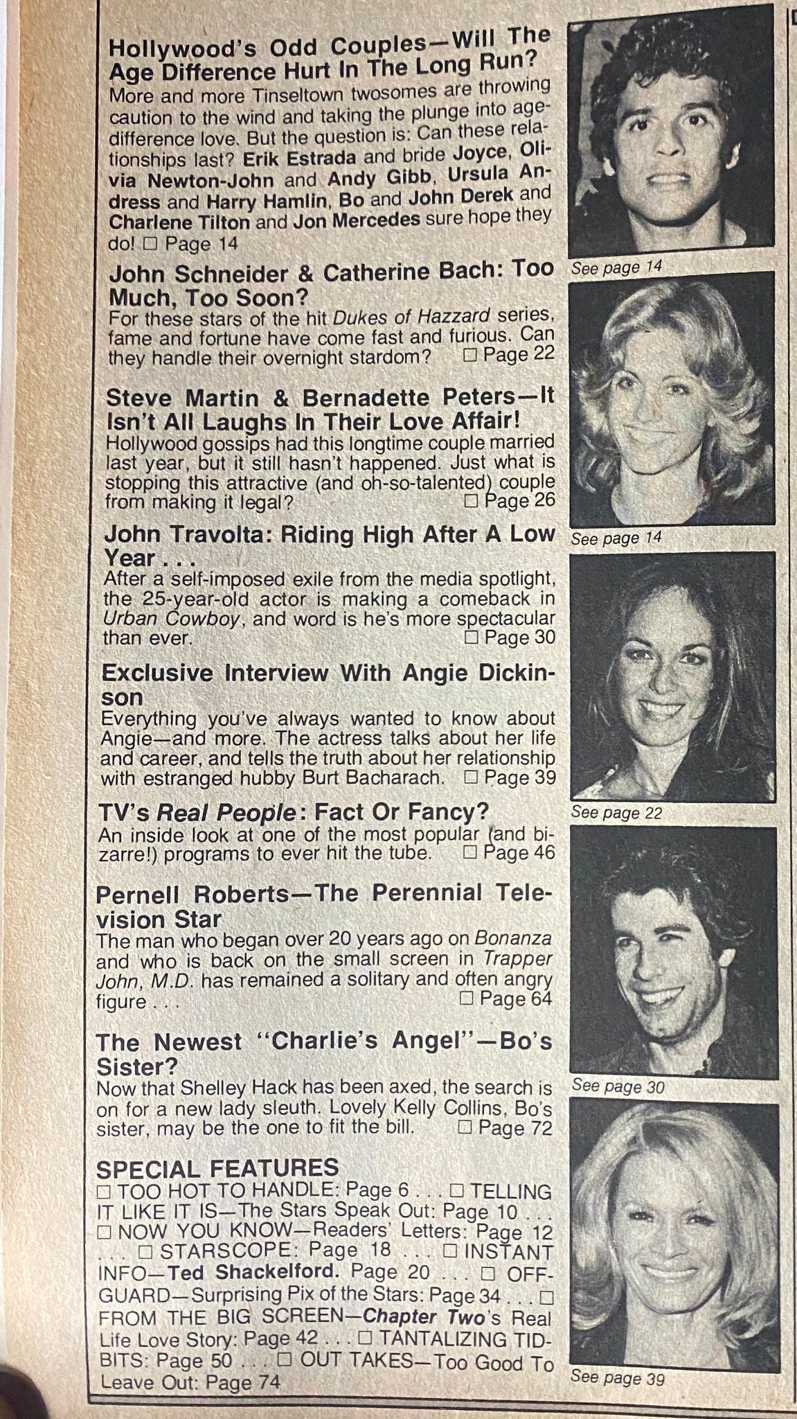 Interior page from the July issue of TV Picture Life Magazine showcasing articles about Hollywood's odd couples, including Erik Estrada and Joyce Estrada, along with a brief on John Travolta.
