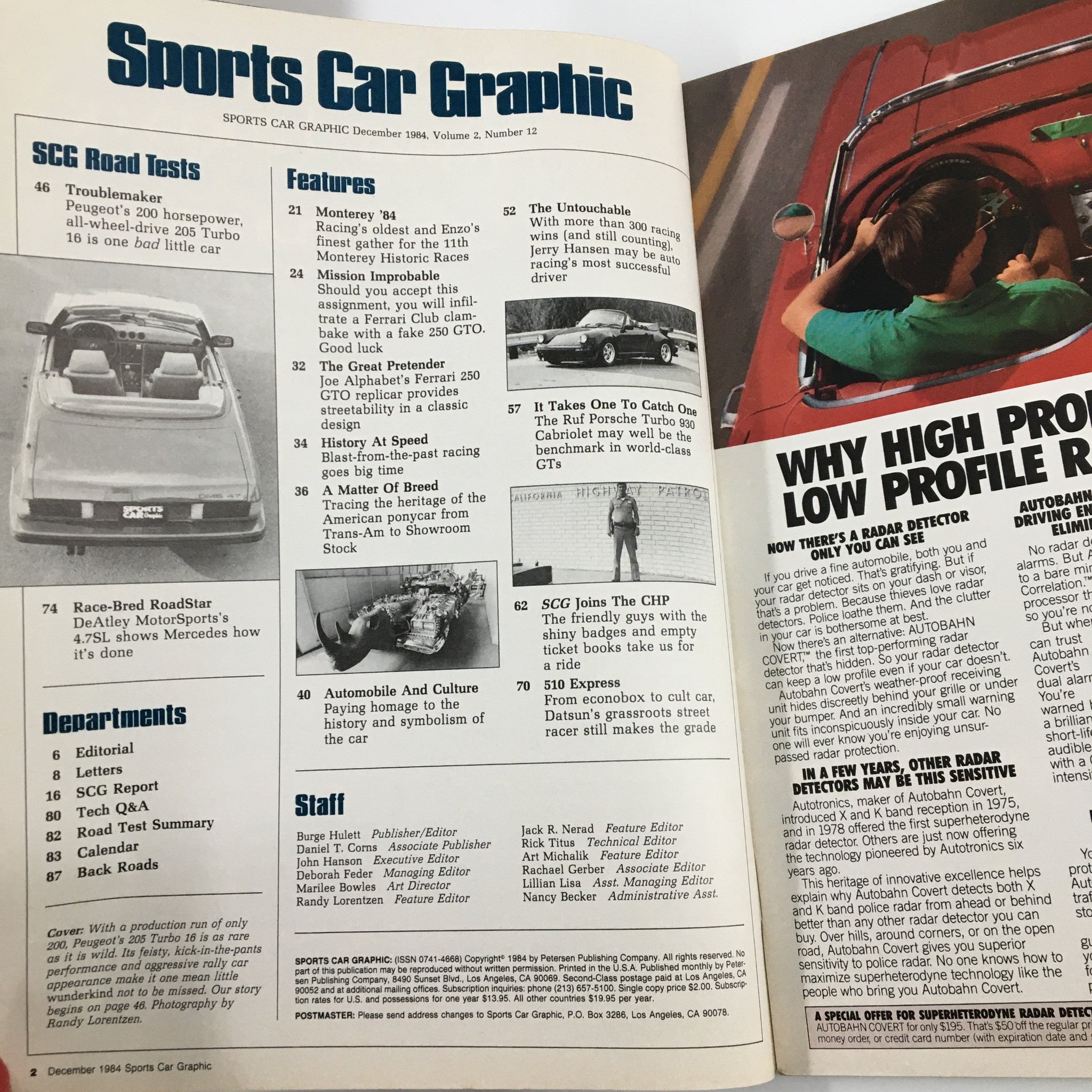 VTG Sports Car Graphic Magazine December 1984 Peugeot Turbo 250-16 No Label