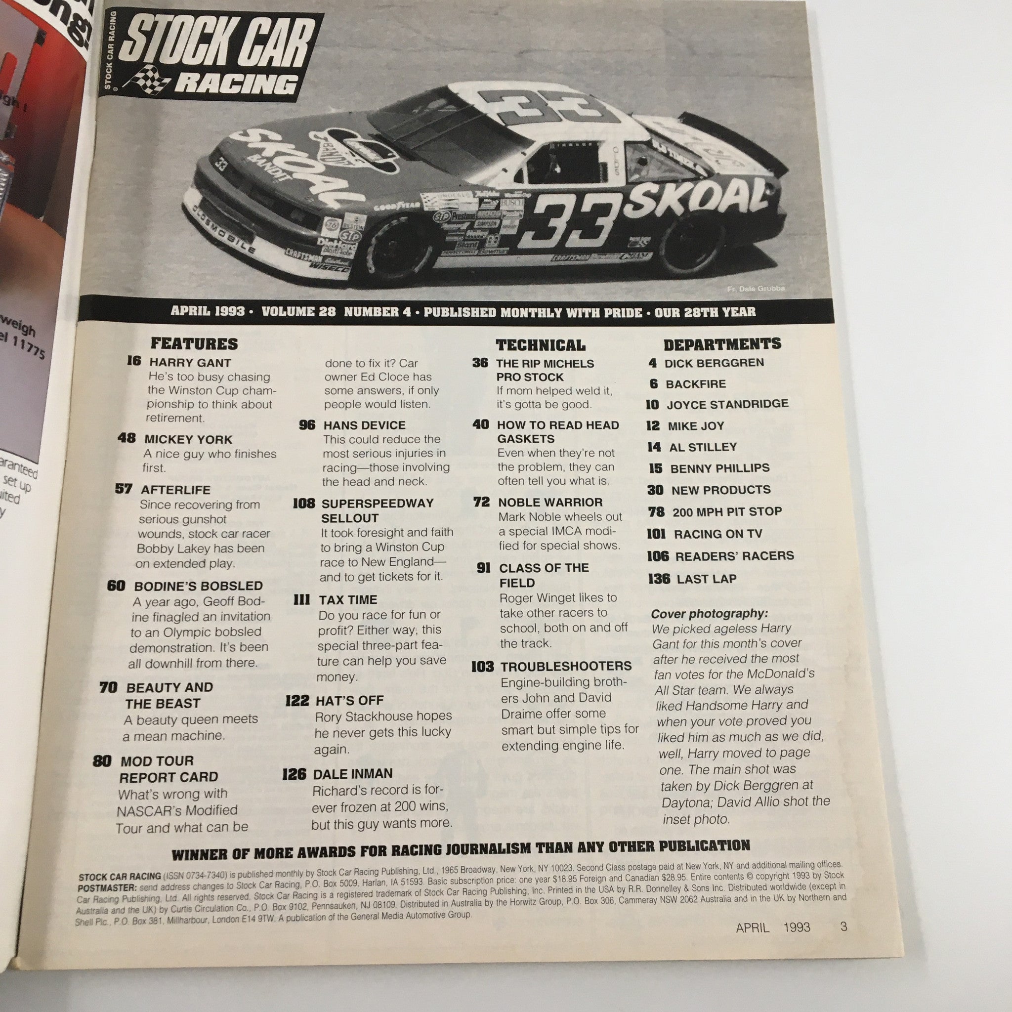 Stock Car Racing Magazine April 1993 Harry Gant McDonald All Star Team No Label