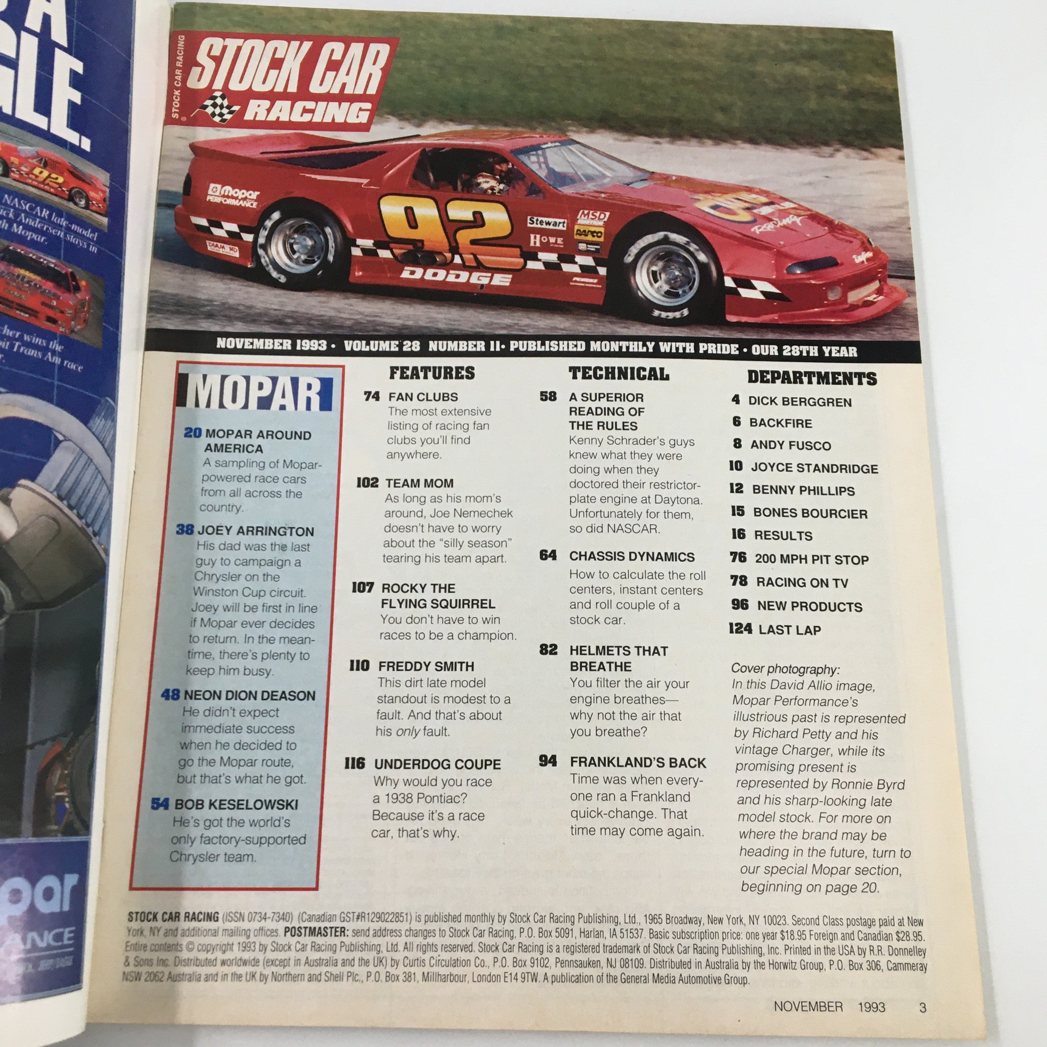 Stock Car Racing Magazine November 1993 David Allio Mopar Performance No Label