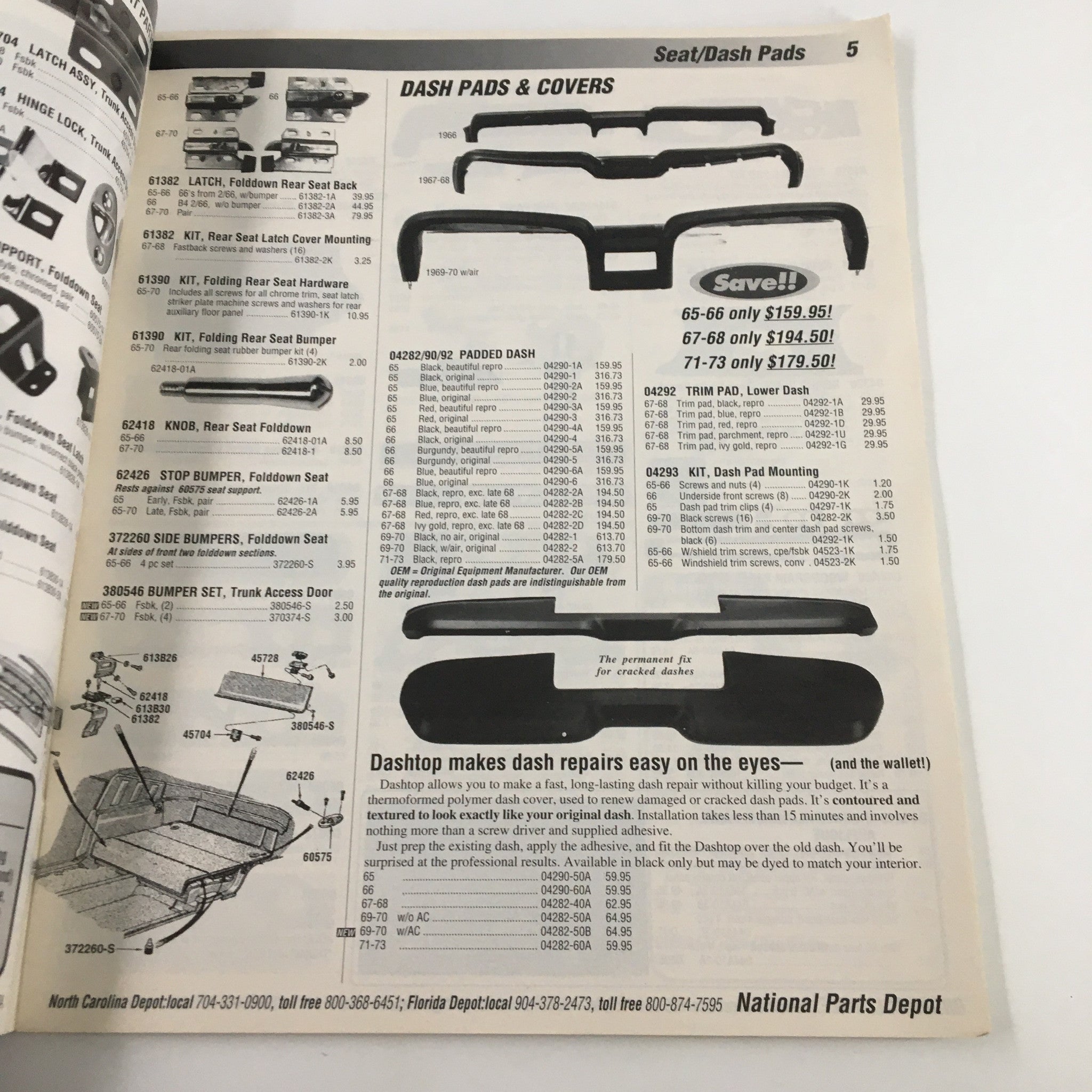Interior page showcasing Dash Pads & Covers from the 1965-1973 The Mustang Parts & Accessories Catalog.
