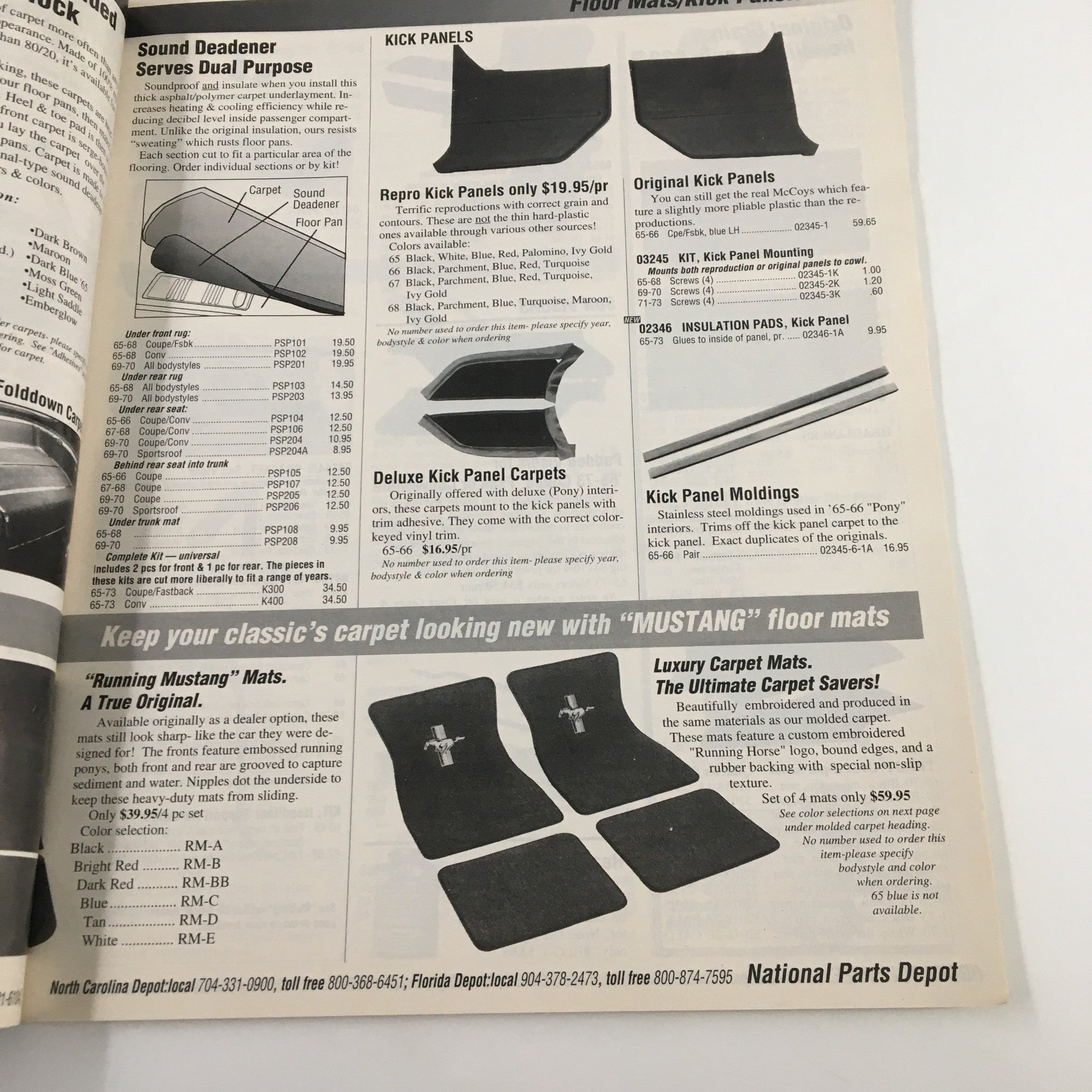 Interior page displaying Kick Panels and related products from the 1965-1973 The Mustang Parts & Accessories Catalog.
