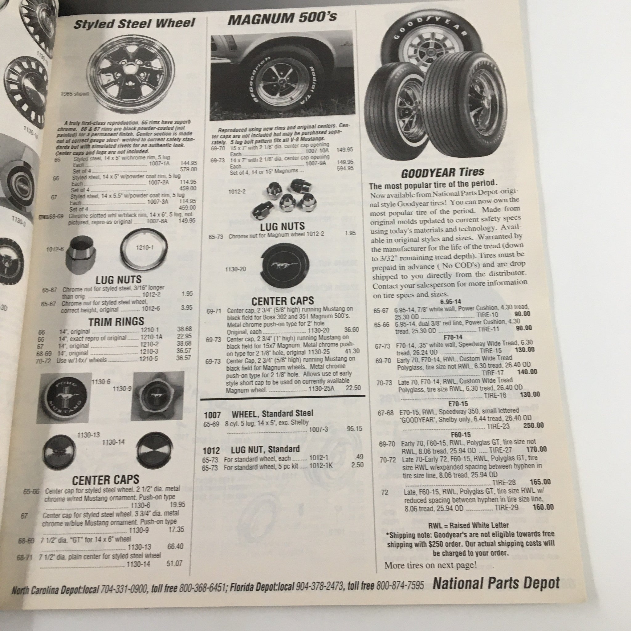 Interior page highlighting Styled Steel Wheels and Magnum 500's with Goodyear Tires from the 1965-1973 The Mustang Parts & Accessories Catalog.
