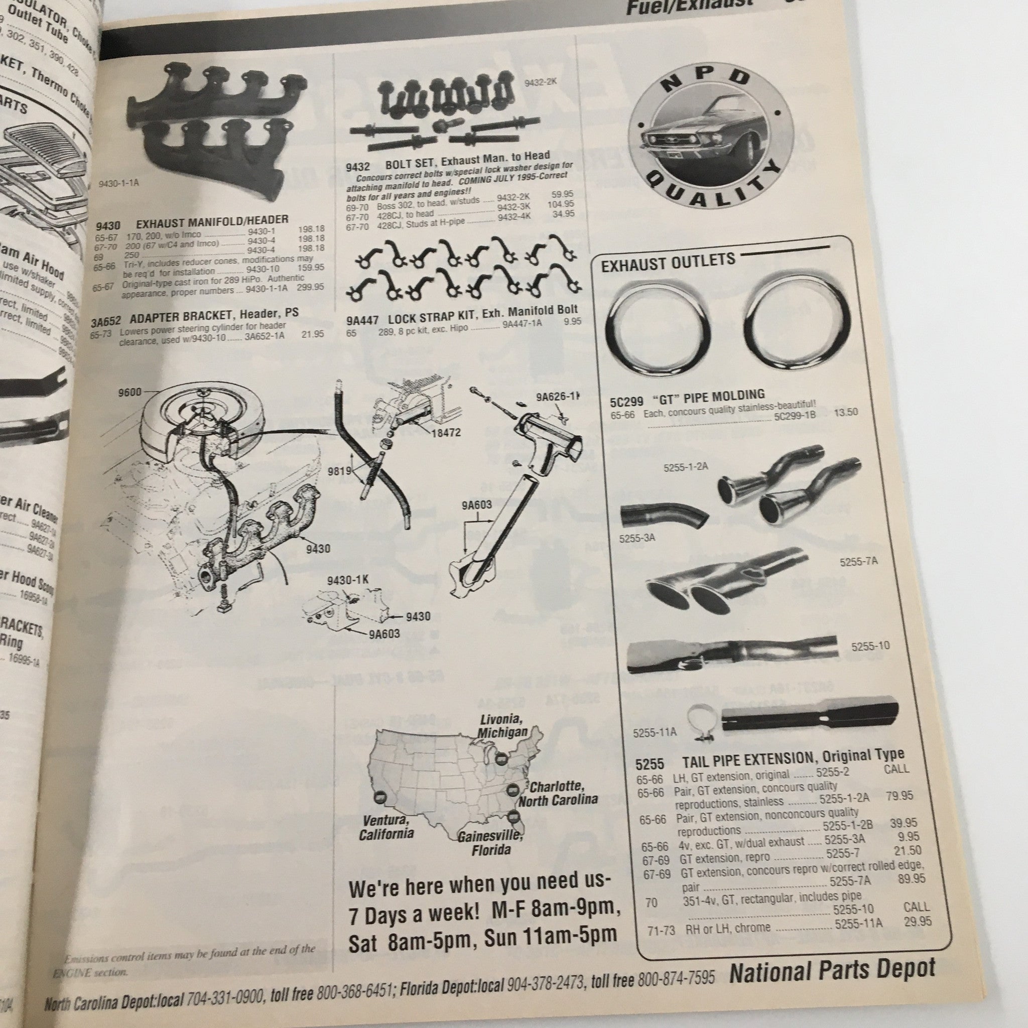 Page from the 1965-1973 The Mustang Parts & Accessories Catalog featuring exhaust parts, installation kits, and additional accessories from National Parts Depot.