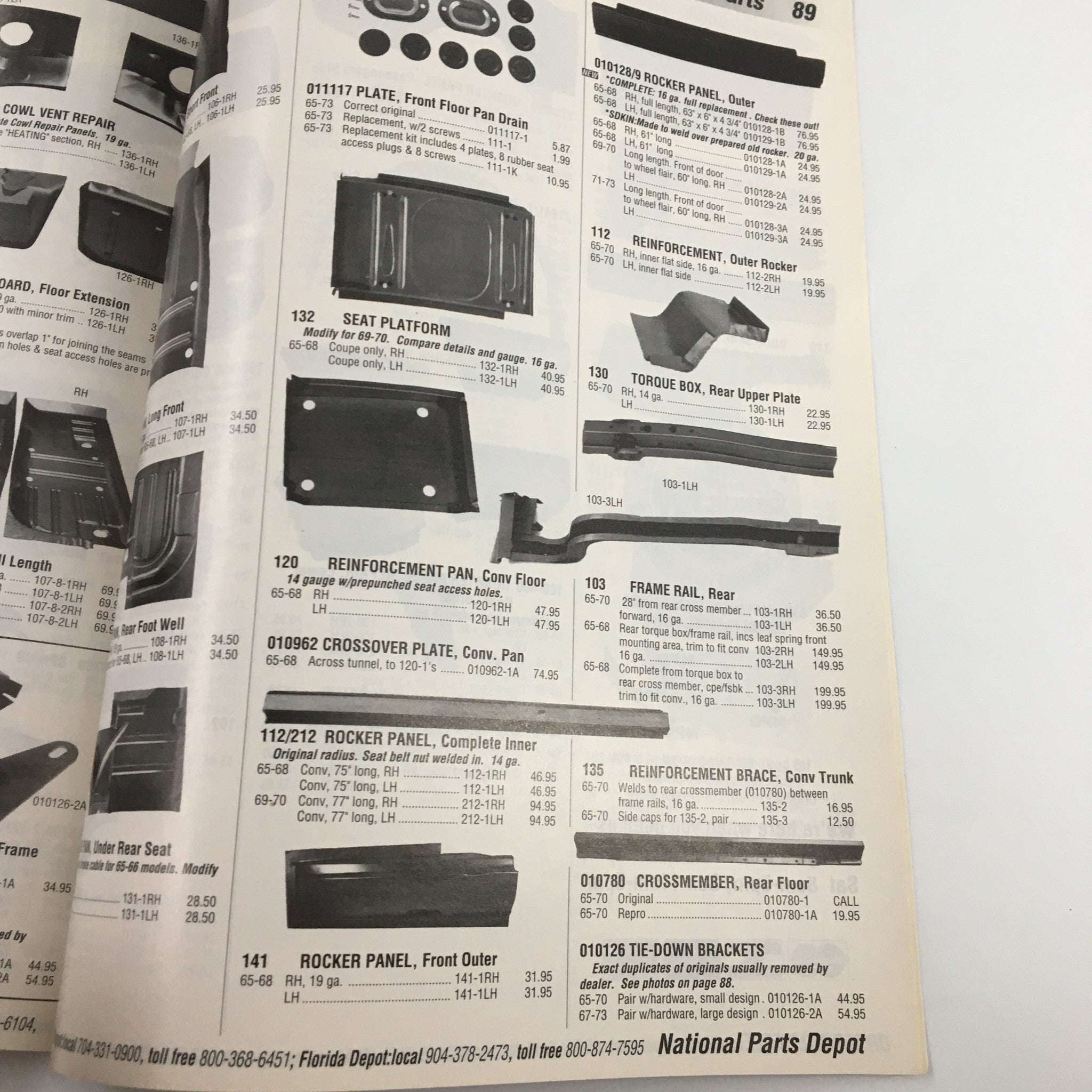 Detailed listings from the 1965-1973 The Mustang Parts & Accessories Catalog showcasing numerous automotive parts including floor pans and reinforcement panels available at National Parts Depot.