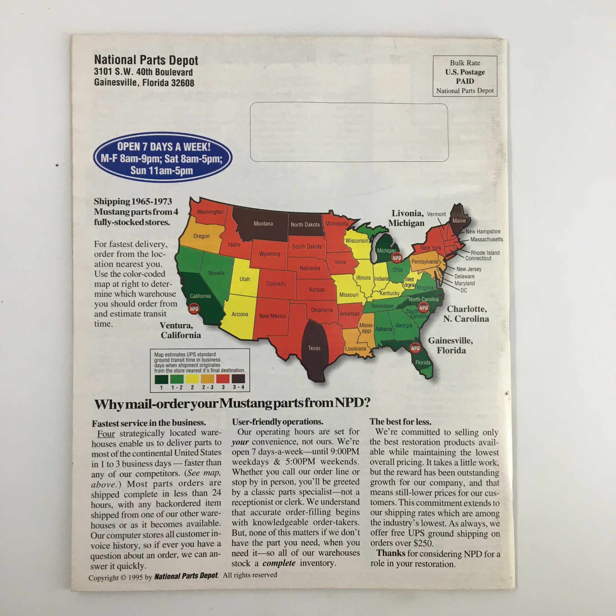 Back cover of the 1965-1973 The Mustang Parts & Accessories Catalog illustrating a map of shipping locations for Mustang parts through National Parts Depot.