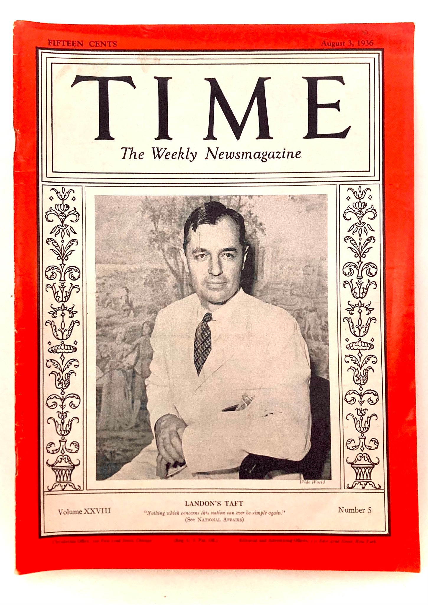 VTG Time Magazine August 3 1936 Vol 28 No. 5 Alfred Mossman "Alf" Landon's Taft