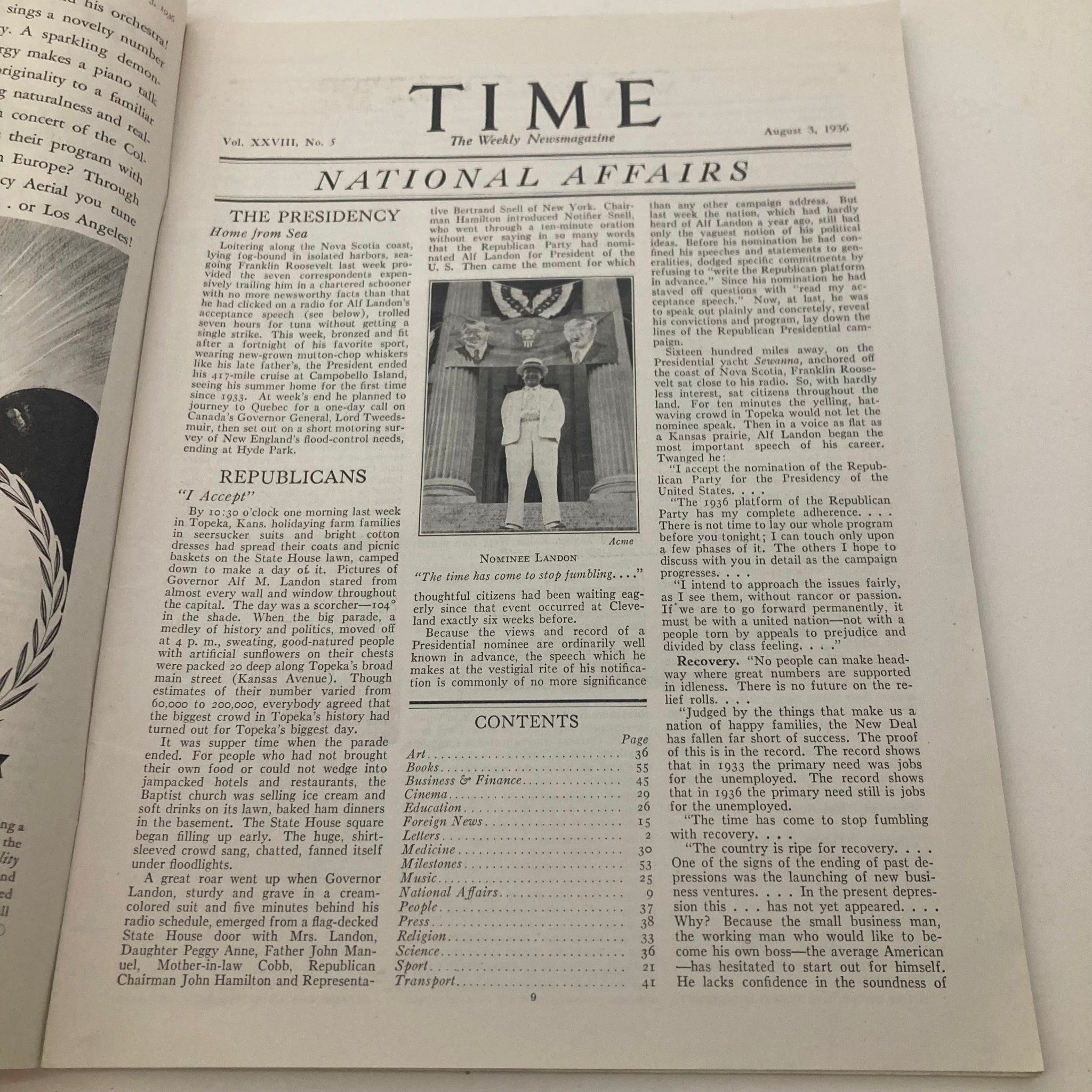 VTG Time Magazine August 3 1936 Vol 28 No. 5 Alfred Mossman "Alf" Landon's Taft