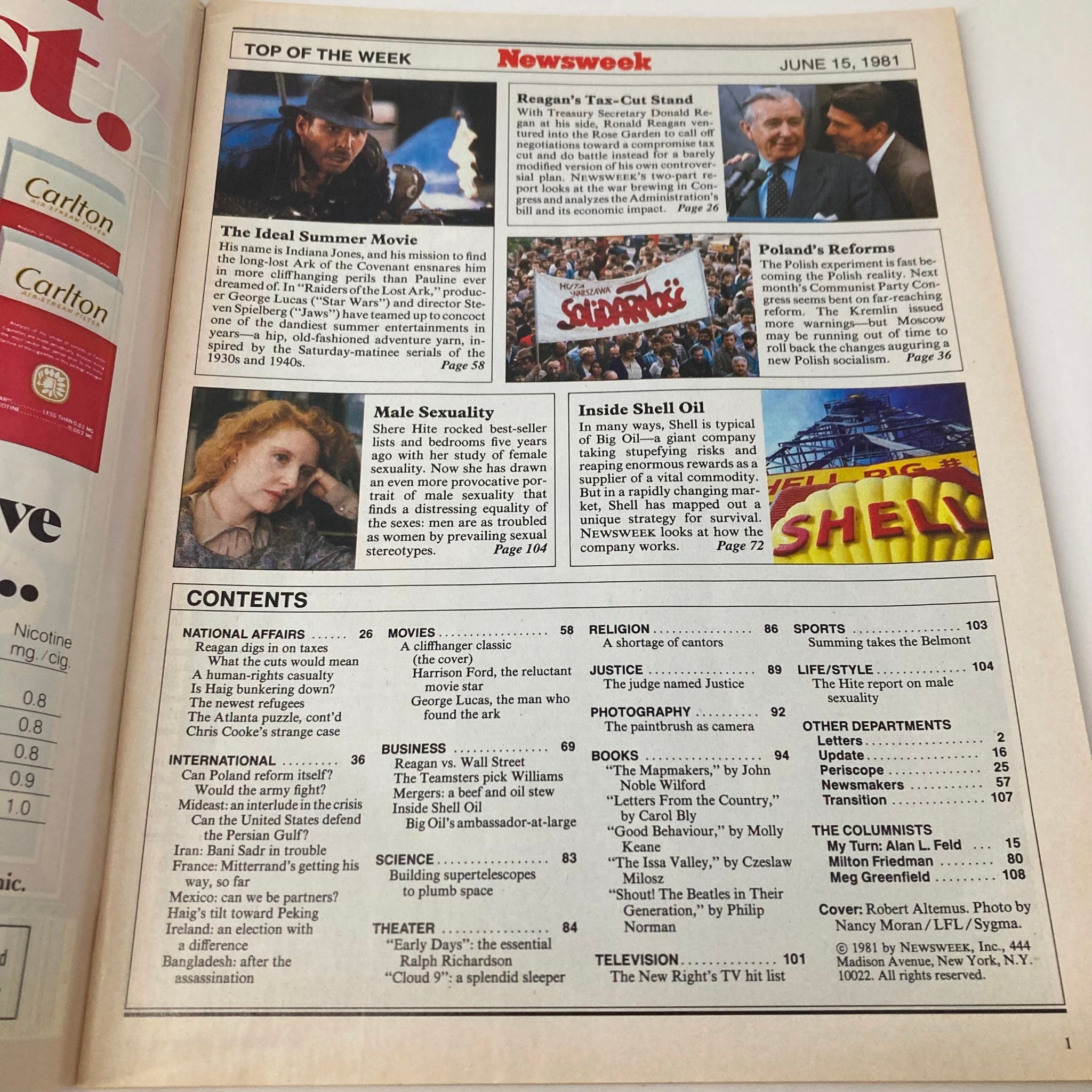 Inside page of VTG Newsweek Magazine June 15 1981 showing the contents and articles related to pop culture and significant events of the time.