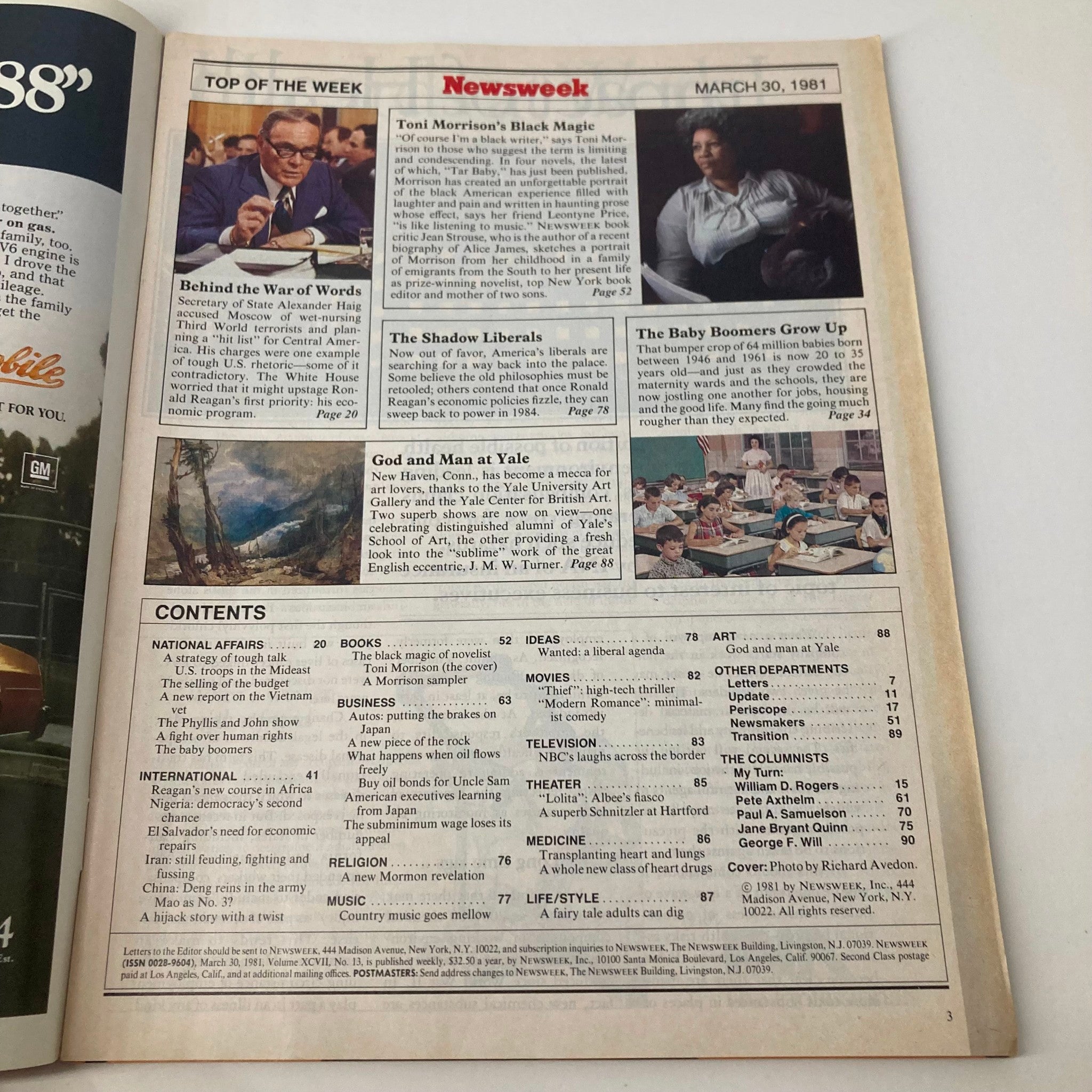 Inside page of VTG Newsweek Magazine March 30, 1981 showing contents and feature article about Toni Morrison's 'Black Magic'.