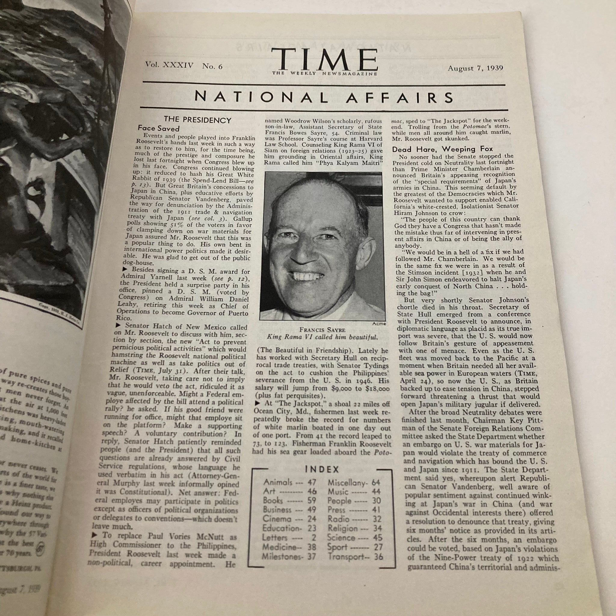 VTG Time Magazine August 7 1939 Vol 34 No. 6 Turfman William Woodward