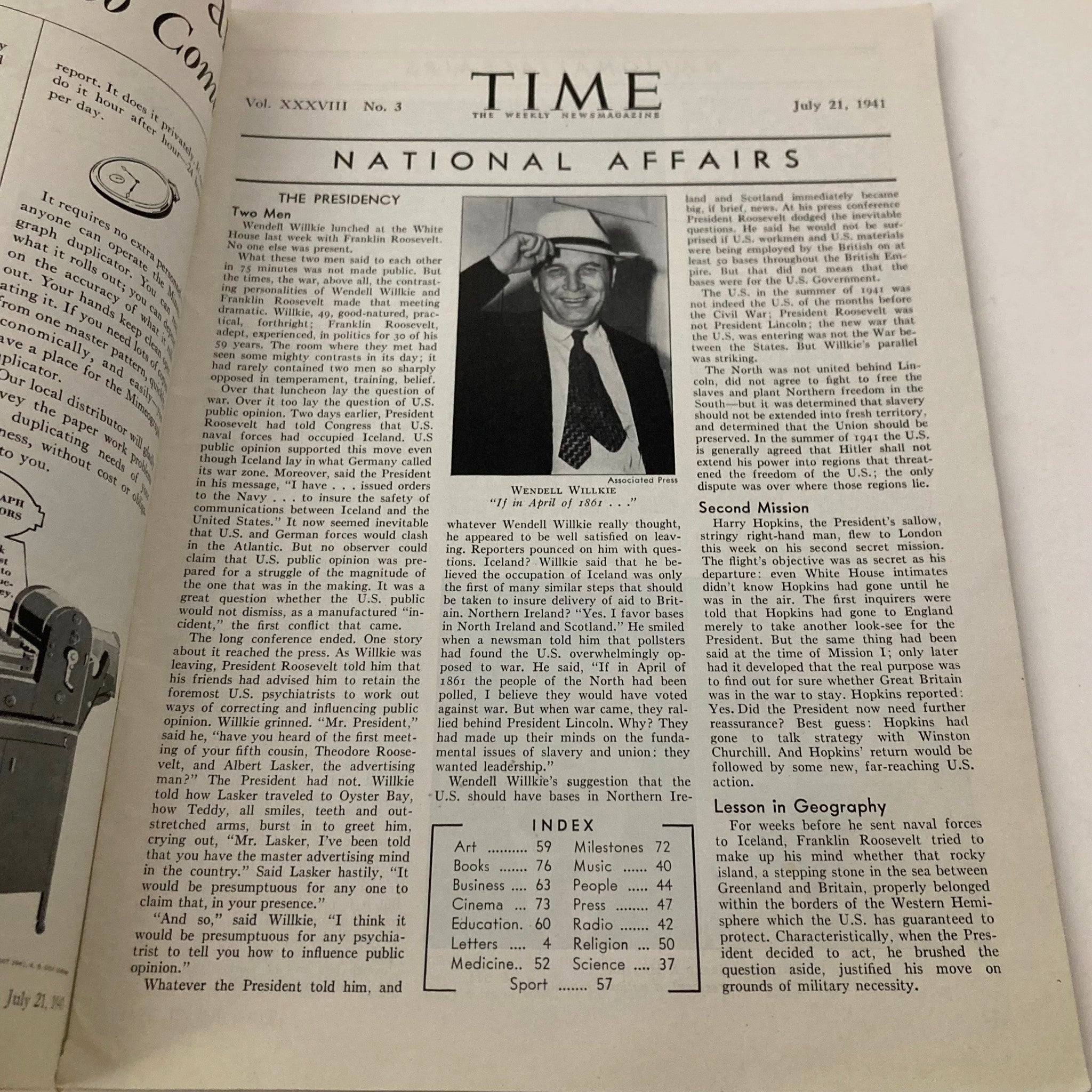 VTG Time Magazine July 21 1941 Vol 38 No. 3 Sec. of Agriculture Claude Wickard