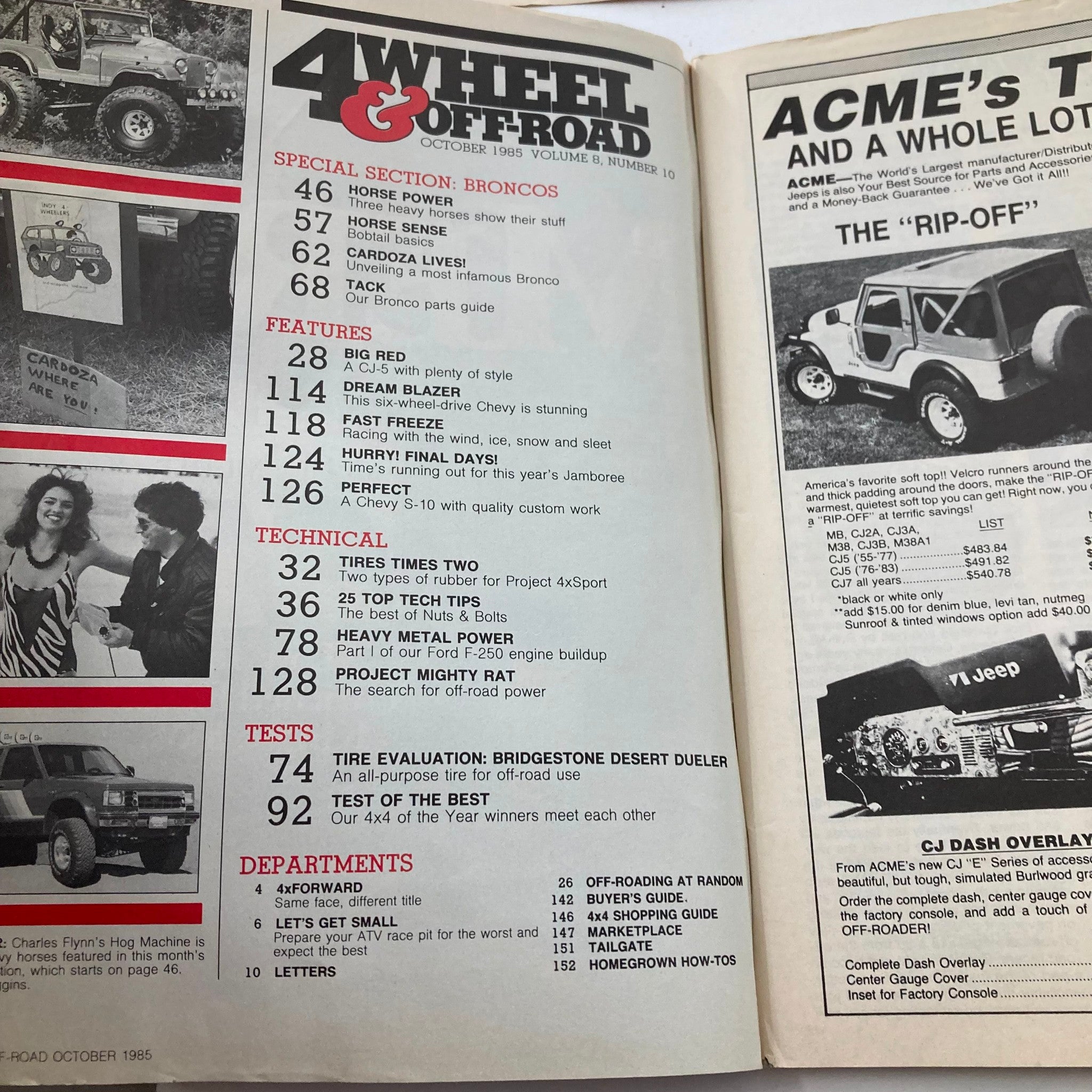 Inside spread of VTG Petersen's 4 Wheel & Off-Road Magazine from October 1985 displaying the table of contents featuring various articles and technical sections on off-road vehicles.