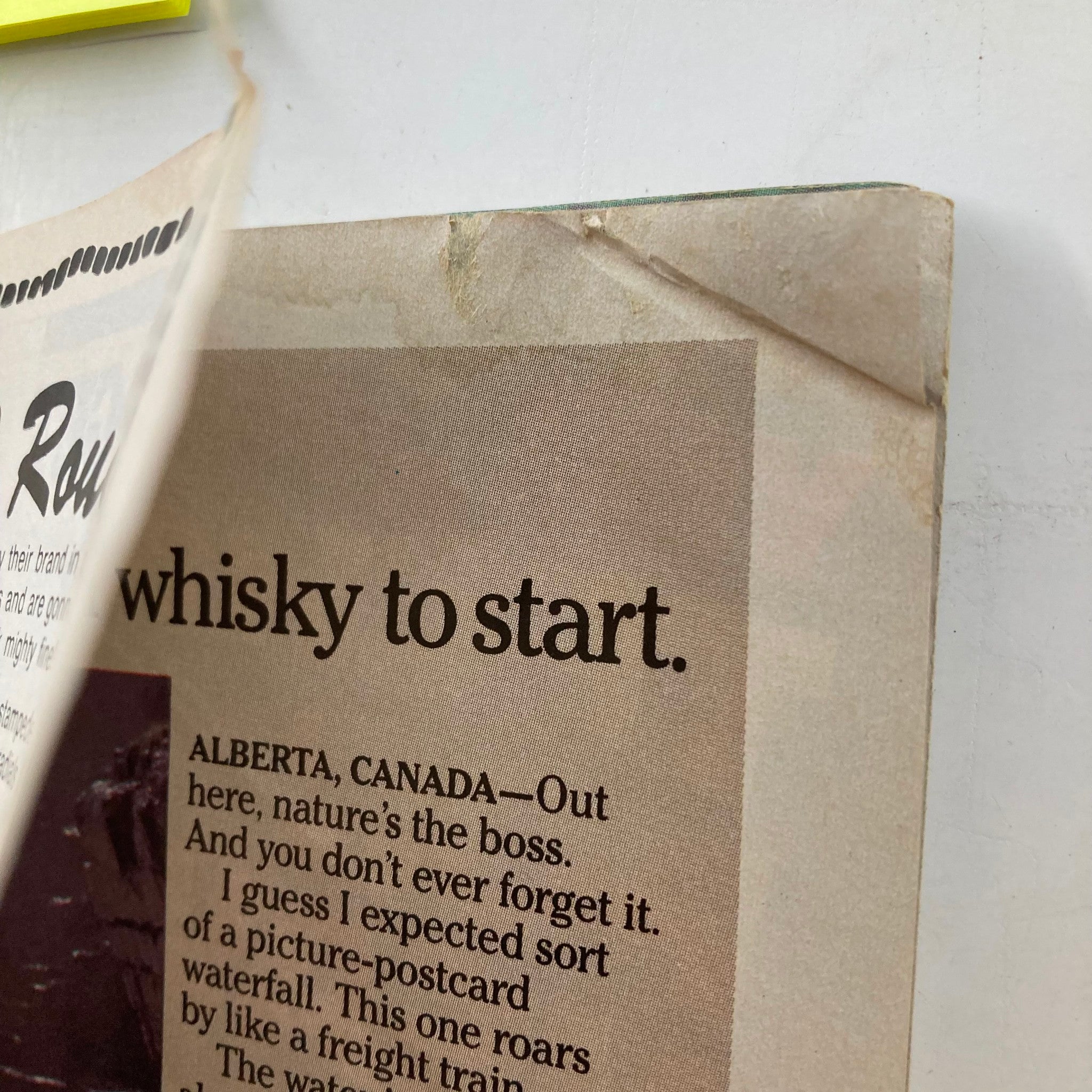 Close-up of a page in VTG Petersen's 4 Wheel & Off-Road Magazine, October 1985, highlighting a travel article about Alberta, Canada, with a view of natural landscapes.