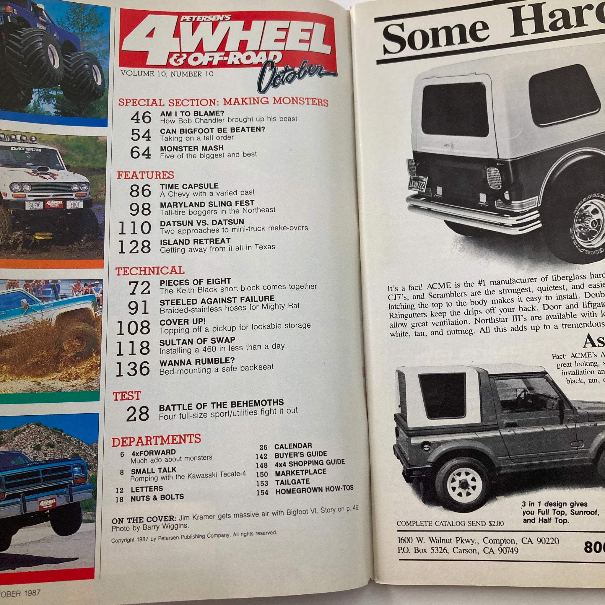 Petersen's 4 Wheel & Off-Road Magazine from October 1987, featuring the 'Making Monsters' section, displaying contents including articles on off-road vehicles, monster trucks, and technical features.