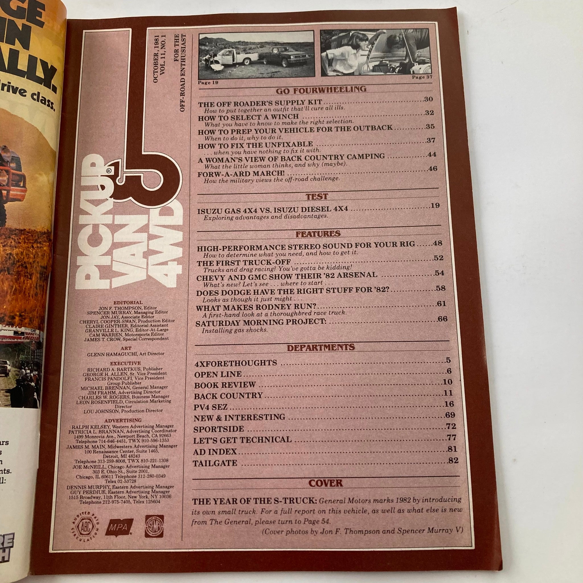VTG Pickup Van & 4WD Magazine October 1981 table of contents featuring articles on off-roading, vehicle preparation, and comparisons between different 4WD models.