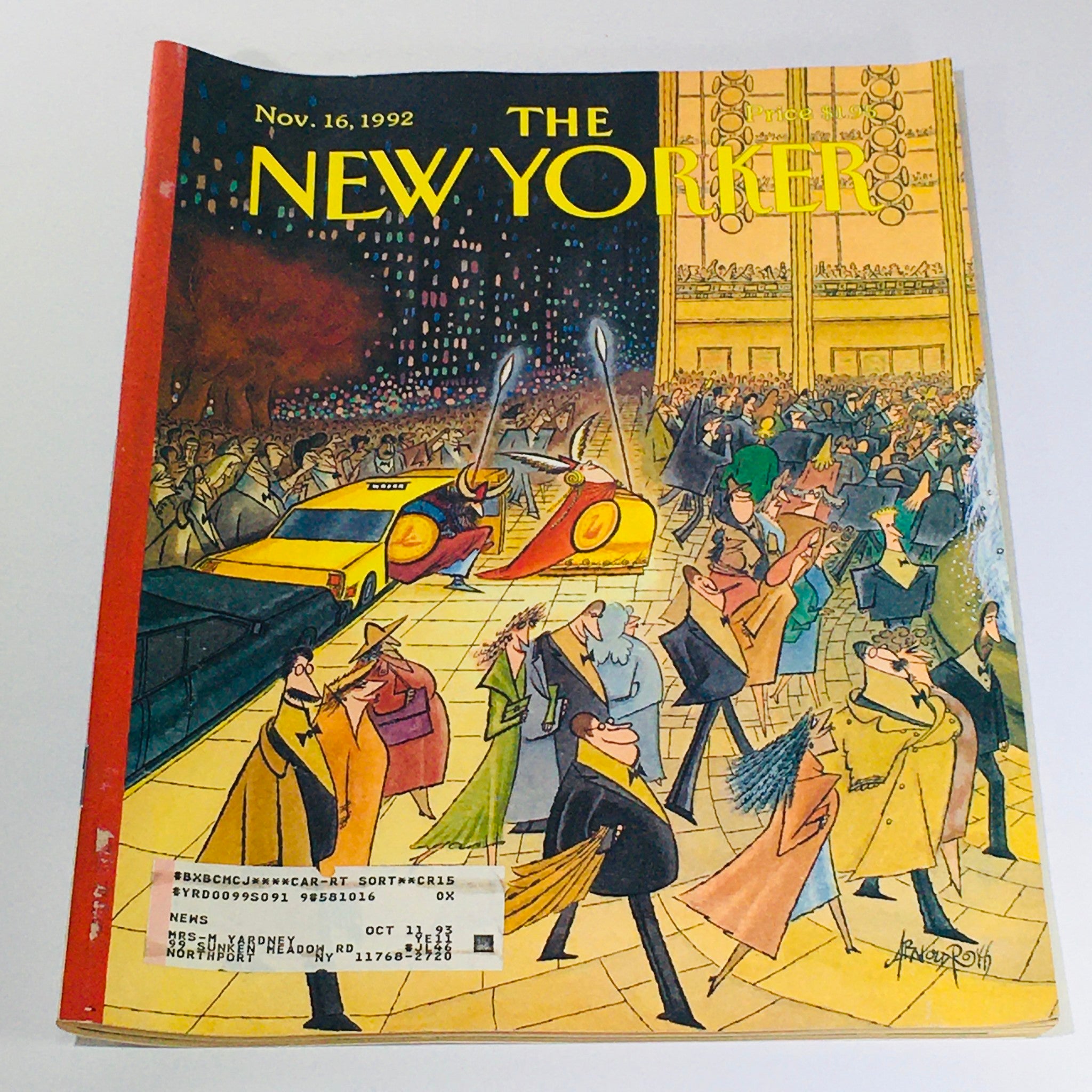 Cover of The New Yorker magazine from November 16, 1992, featuring vibrant artwork by Arnold Roth, depicting a lively city scene with people and vehicles.