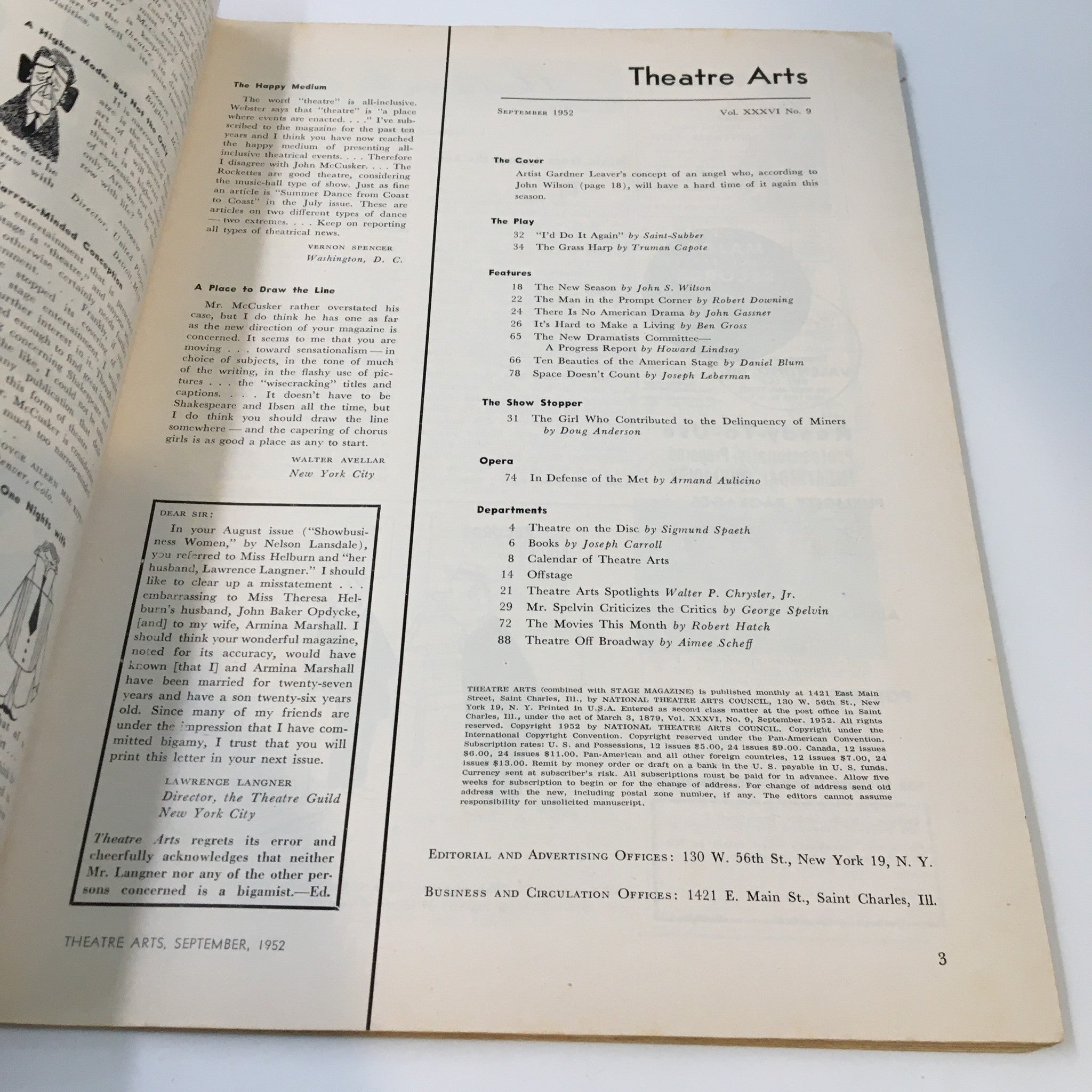 VTG Theatre Arts Magazine September 1952 Theatre on the Disc No Label