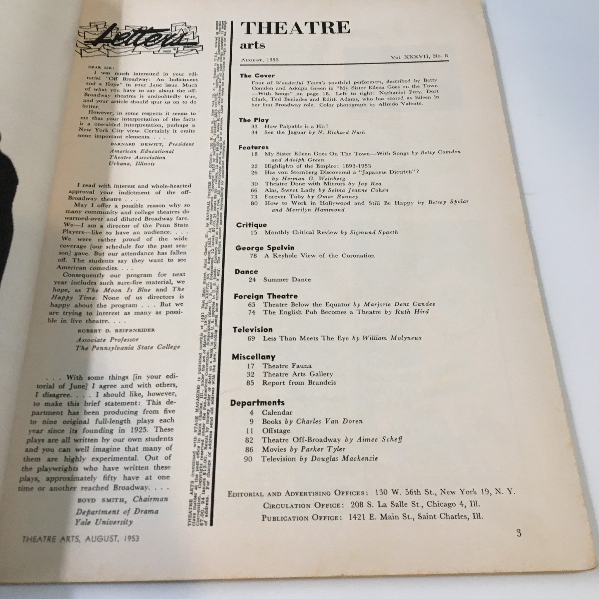 VTG Theatre Arts Magazine August 1953 My Sister Eileen Goes On The Town No Label