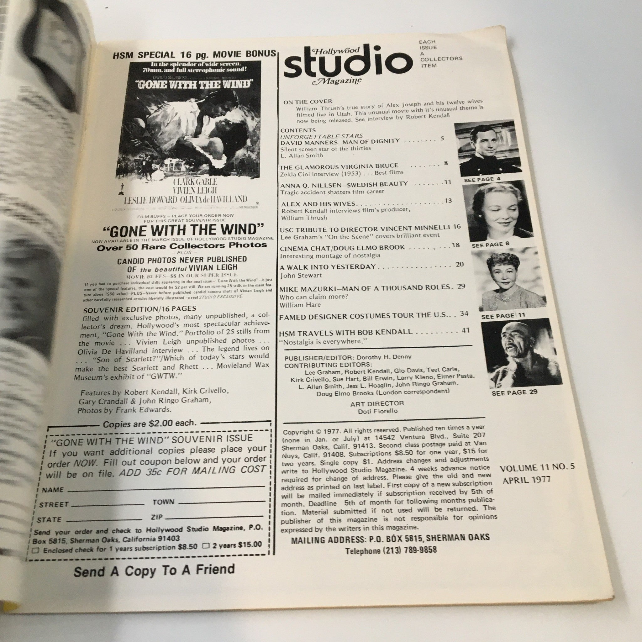 Inside page of VTG Hollywood Studio Magazine April 1977, highlighting articles and features including a special section on 'Gone With the Wind'.
