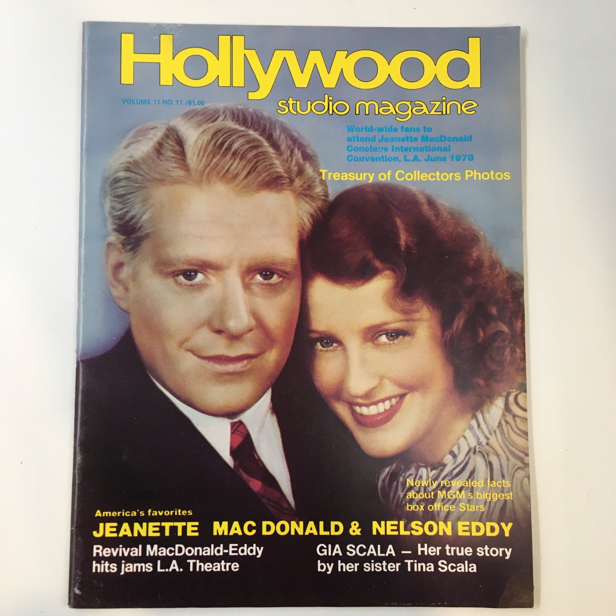 Vintage Hollywood Studio Magazine from November 1977 featuring iconic stars Jeanette Macdonald and Nelson Eddy on the cover, showcasing classic cinema history.