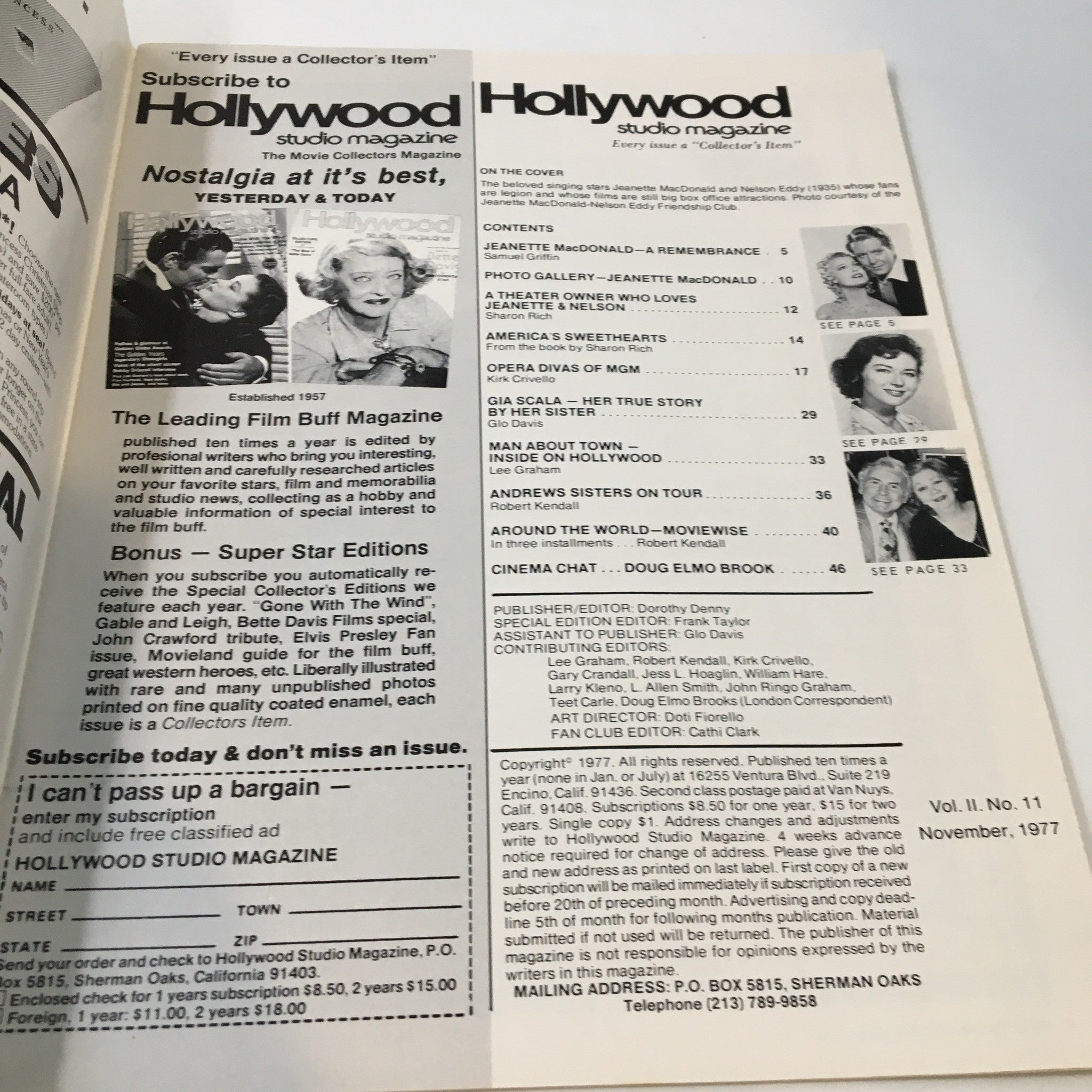 Interior page of Hollywood Studio Magazine, November 1977, detailing articles and subscription information, highlighting features on Jeanette Macdonald and Nelson Eddy.
