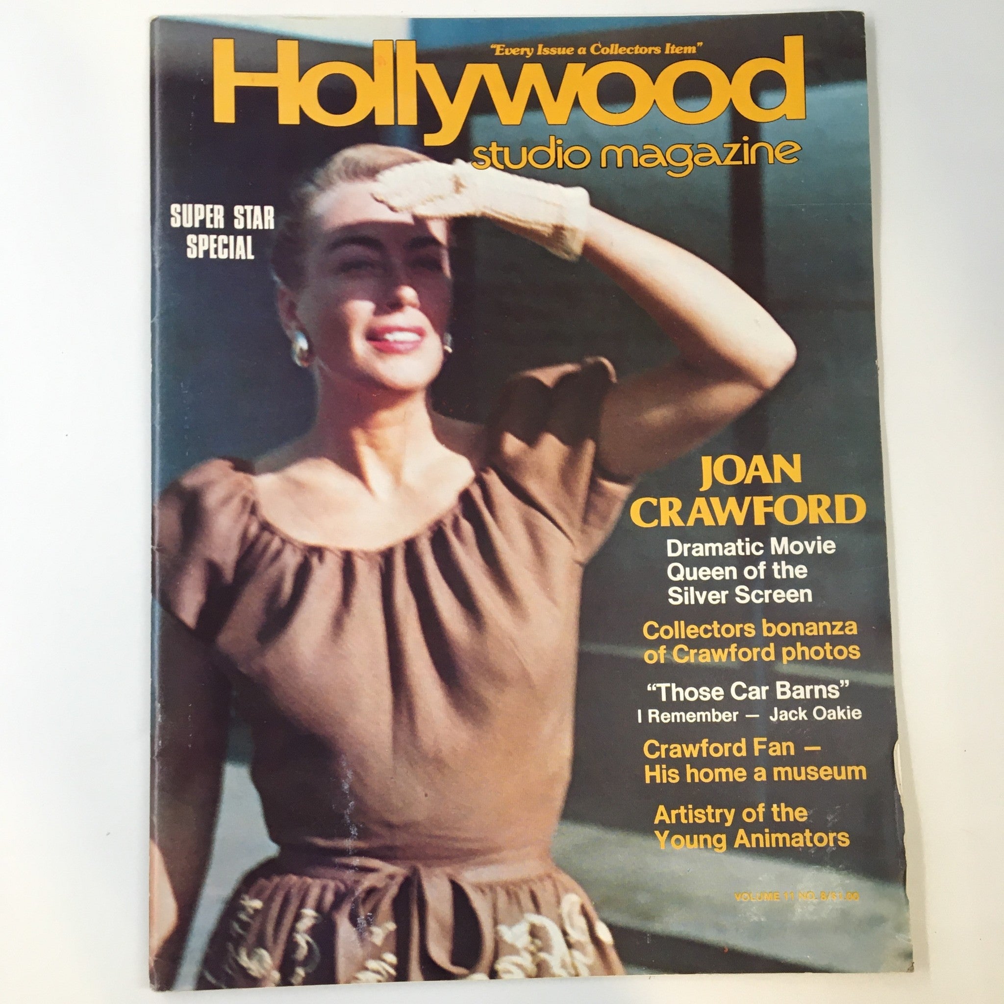 VTG Hollywood Studio Magazine August 1977 featuring Joan Crawford on the cover, showcasing her glamour and iconic style as the dramatic movie queen.