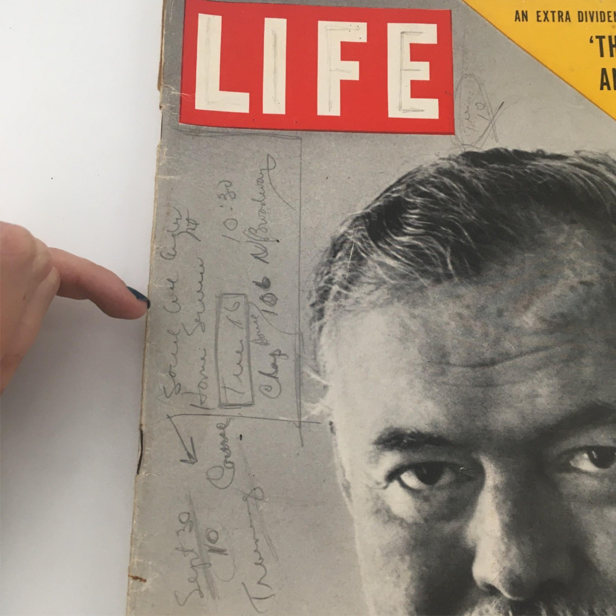Cover of the VTG Life Magazine from September 1, 1952 featuring Ernest Hemingway, with handwritten notes and markings on the edge.